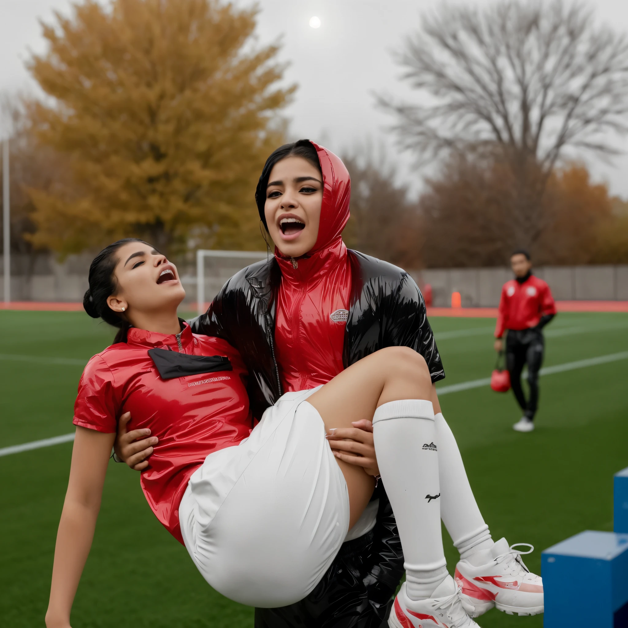 a crying hijabi girl in a laquered and very shiny quilted coat carries a man in matte sportswear, a veiled woman carries a man in dull sportswear, a woman carries in her arms a male soccer player in cotton sportswear, rainy weather, rainfall, humid, girl carries guy, lift and carry, an excessively madeup latino-girl in a high-shine wet black latex downcoat, a soccer scene, a soccer injury, first aid carry at a soccer match, a young madeup latino-girl in a shiny black vinyl downjacket, a madeup latino-girl in a shiny plastic-downcoat, a very sad and desperately crying latino-girl, an intensely madeup latino-girl in a glossy black vinyl-downcoat, latino-girl with lipstick, latino-girl with smoky eyes, dramatic action pose, woman that is carrying a skinny shorthaired man, there is a beautiful woman in a shiny coat who is carrying a shorthaired blond man in her arms, a longhaired beautiful woman in a high-shine black puffy coat, a longhaired woman in a shiny downcoat, a woman is carrying a shorthaired man who is wearing black shorts, a weak shorthaired man in black shorts is consciousless and needs to be carried, a shorthaired man with closed eyes is carried in the arms of a longhaired latino-woman, a latino-woman looks very scared and terrified, a consciousless shorthaired man with closed eyes is suffering very much and has a very painful face, photo, photo shoot, photographed, arafed man being carried by a woman, very realistic, very very realistic, hyper-realistic, hyper - realistic, hyper realistic, jacket over bare torso, very disturbing, very hyperrealistic, super realistic, hyperrealistic!, extremely realistic, very very very realistic, super-realistic realistic, super-realistictic!, extremely realistic, very very very realistic, super-realistic realistic, super-realistic, veiled arab woman's face