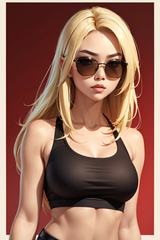 Girl, sunglasses,medium ,crop top,hot body,blonde hair --style Asian Portrait --size 1:1