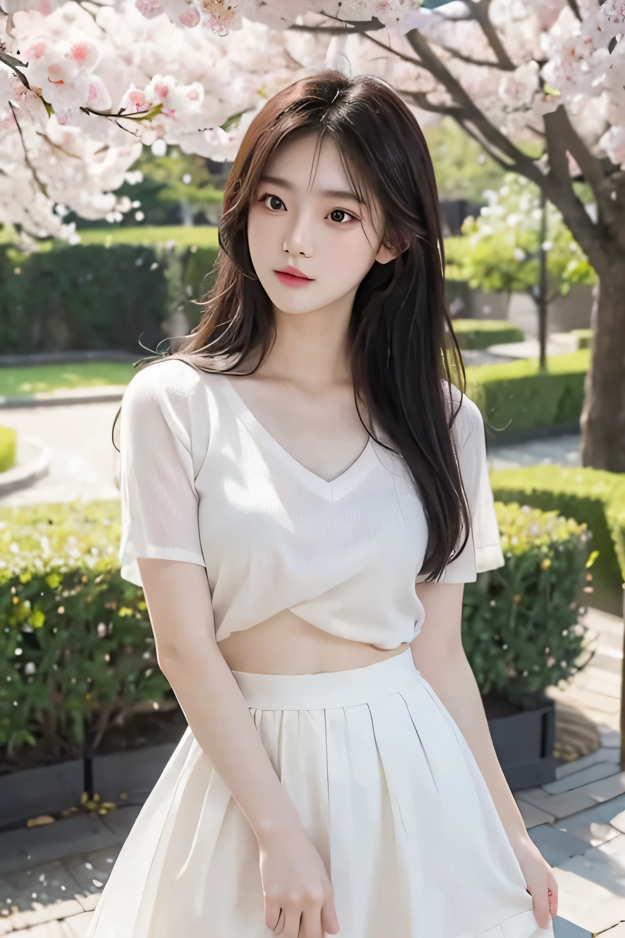 (最OK质量, masterpiece), 1 girl, korean girl,18 years old,simple beauty, amazing, In the park,Under the peach blossoms,noble,Perfect body, perfect face shape,charming eyes,big bright eyes,long eyelashes,sensual lips,White skin,(white gauze skirt,V-neck,The gauze skirt flew up),very true,OK,ethereal beauty