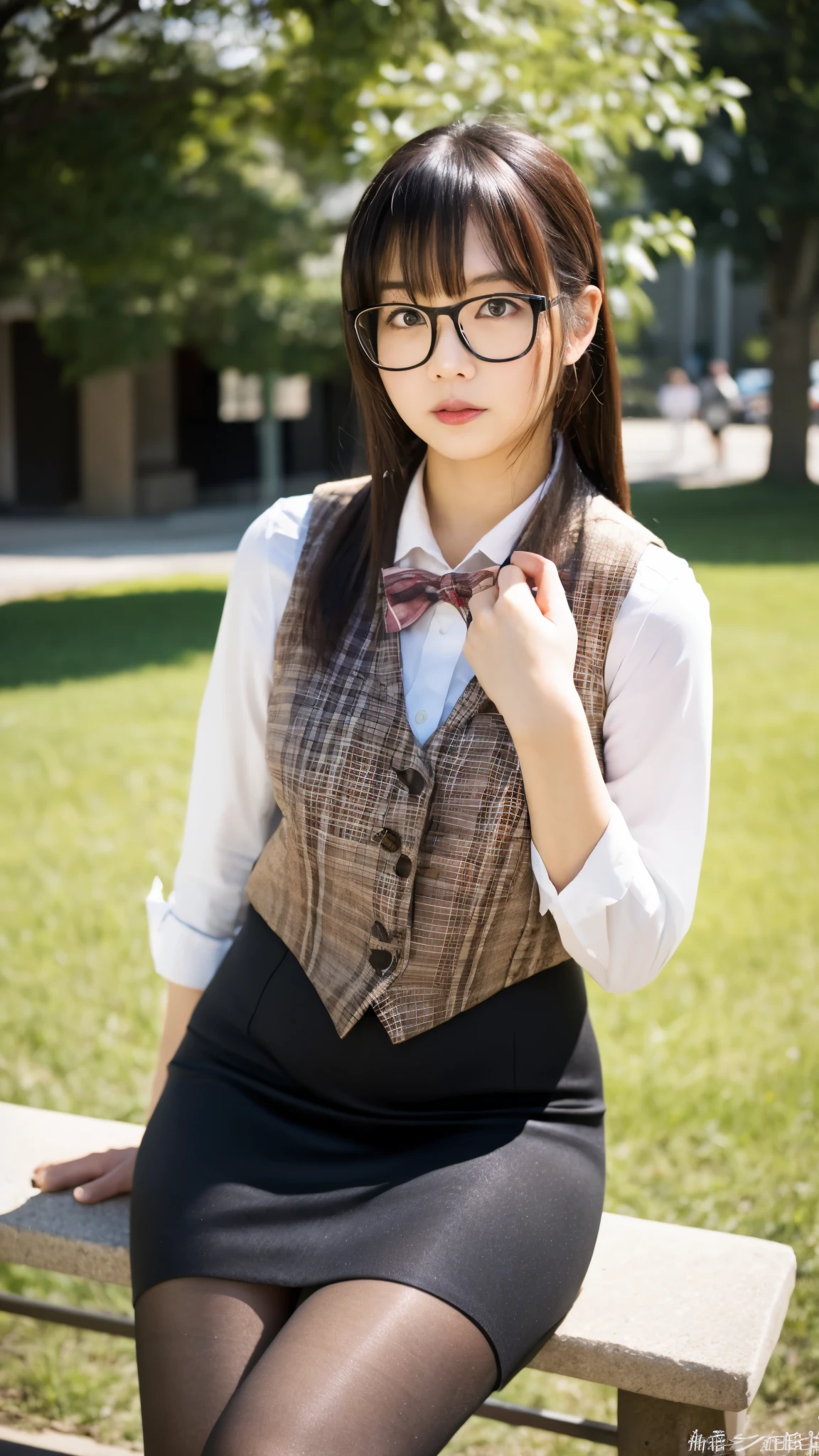 ulzzang-6500-v1.1, (RAW photo:1.2), (Photoreal), (genuine:1.4), (muste piece), A plain and quiet woman wearing glasses and a plaid vest., wear a skirt、with glasses, Slightly chubby body type、(super realistic pantyhose:1.2), thick glasses, Yoshitomo Nara, tits, japanese goddess, with glasses on, sexy girl,  Otaku-like appearance, big glasses, wore black glasses, Otaku-like, sexy gaze, ((full body shot:1.14))、sitting on a park bench、Super realistic skin texture、shiny skin、exposed thighs!!!