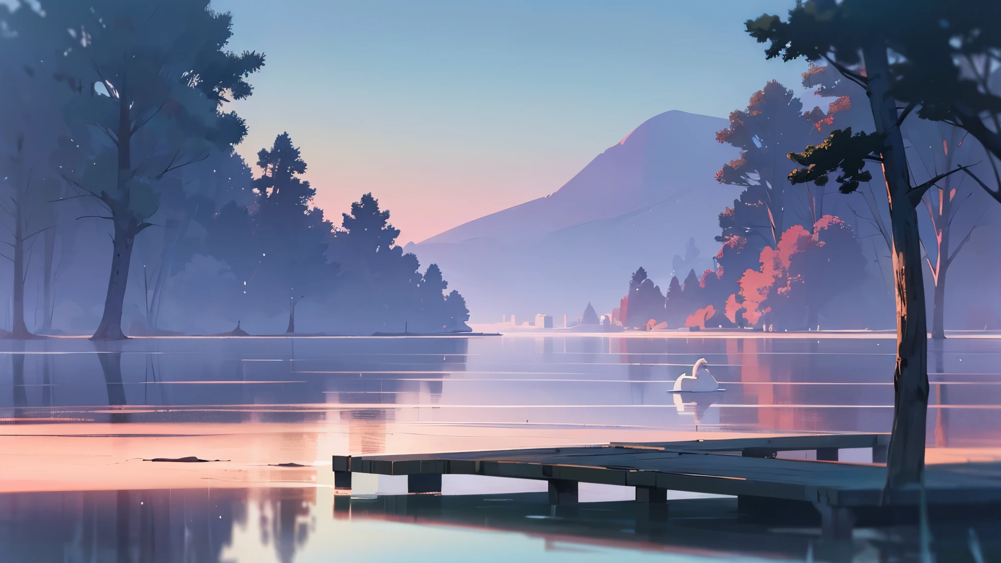 Imagine a serene landscape at twilight, where the sky transitions from a soft pink to a deep indigo. In the foreground, a calm lake mirrors the sky's pastel colors, surrounded by lush greenery and tranquil forests. A solitary wooden dock extends into the lake, inviting the viewer to step forward and immerse themselves in the peaceful scene. Gentle ripples in the water reflect the last rays of the sun, while a pair of swans glide gracefully, adding to the scene's tranquility. This setting encapsulates the essence of relaxation and calm, perfectly complementing the soothing tones of the music. The image should evoke a sense of peace and serenity, drawing the viewer into a moment of relaxation and reflection.