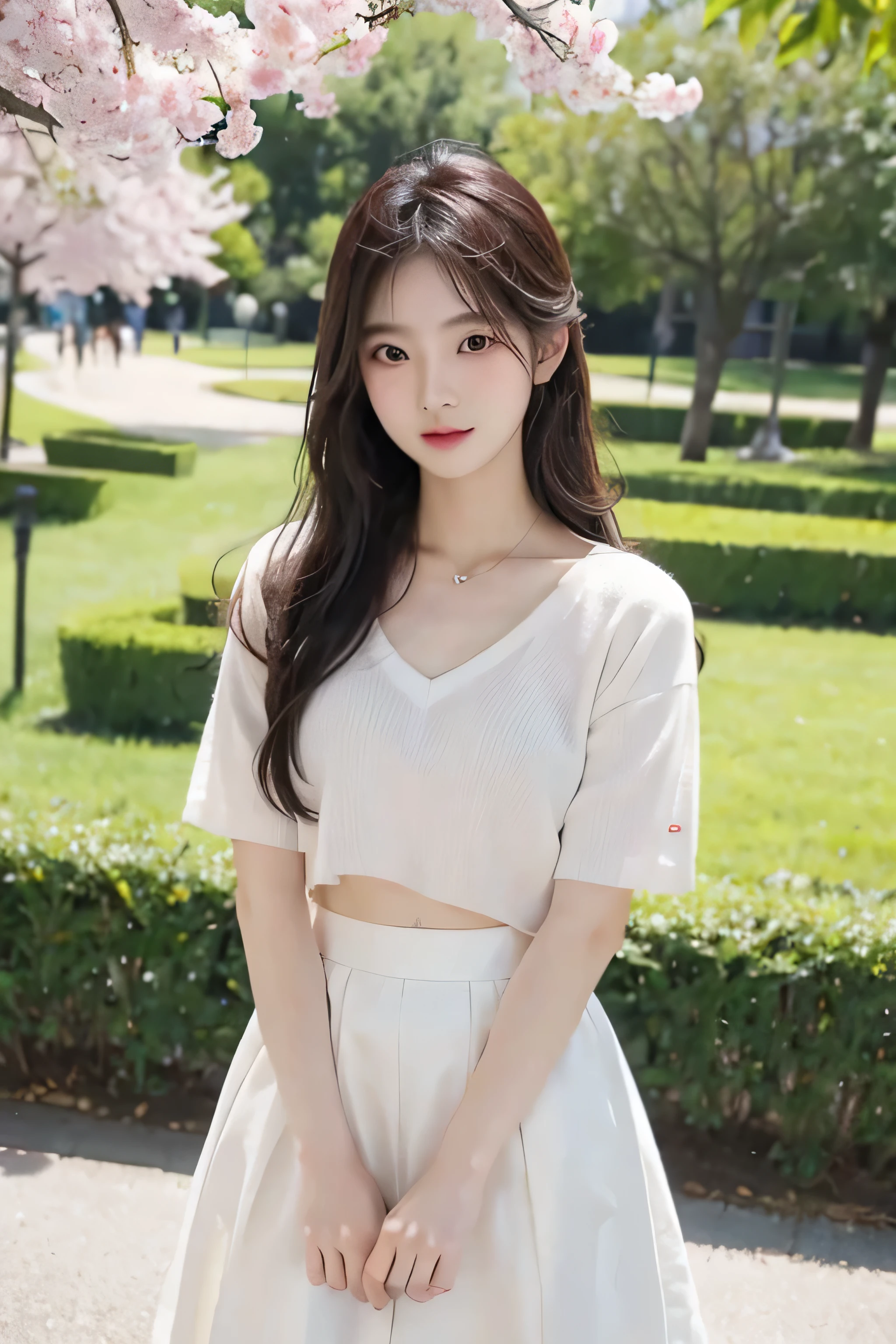 (最OK质量, masterpiece), 1 girl, korean girl,18 years old,simple beauty, amazing, In the park,Under the peach blossoms,noble,Perfect body, perfect face shape,charming eyes,big bright eyes,long eyelashes,sensual lips,White skin,(white gauze skirt,V-neck,The gauze skirt flew up),very true,OK,ethereal beauty