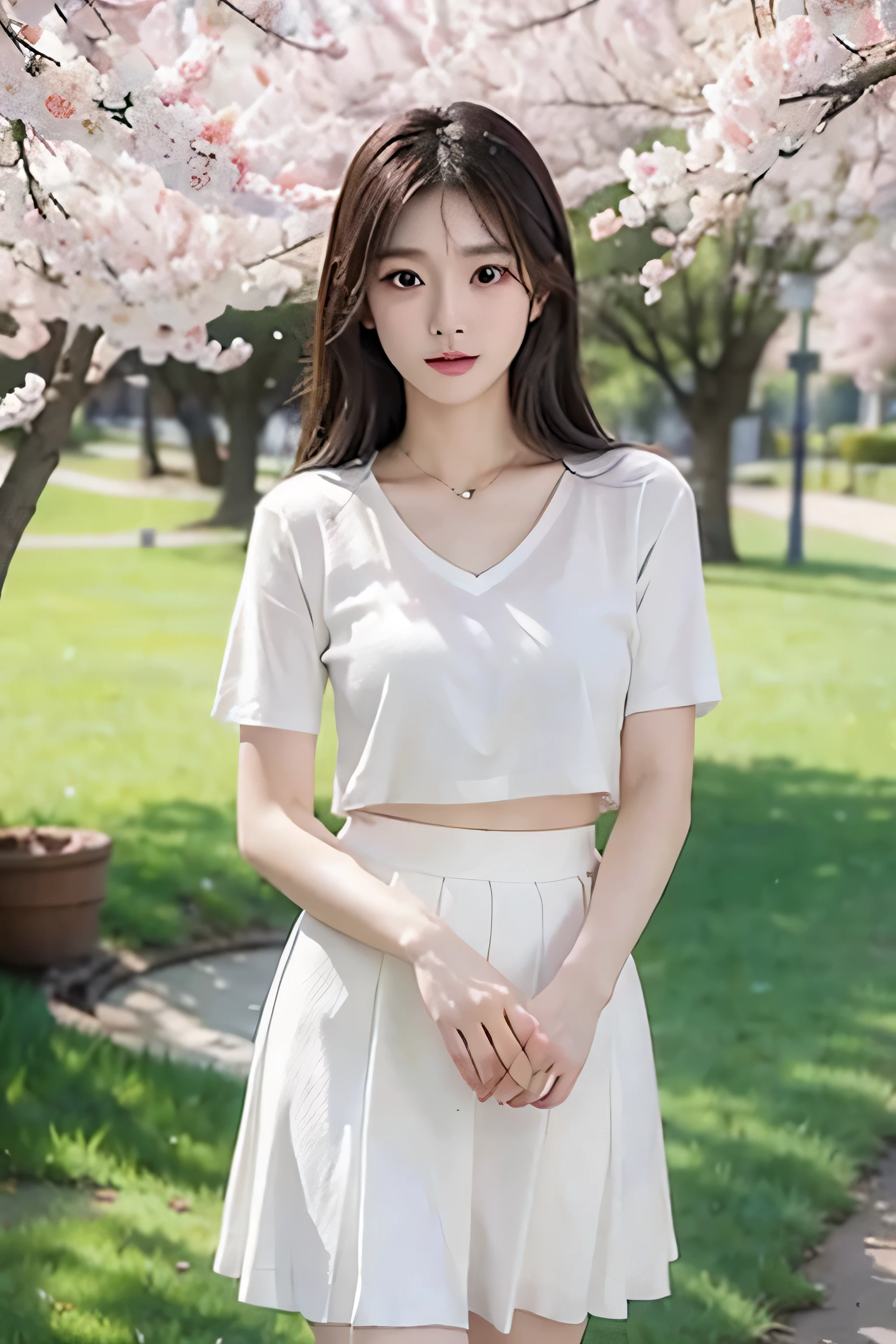 (最OK质量, masterpiece), 1 girl, korean girl,18 years old,simple beauty, amazing, In the park,Under the peach blossoms,noble,Perfect body, perfect face shape,charming eyes,big bright eyes,long eyelashes,sensual lips,White skin,(white gauze skirt,V-neck,The gauze skirt flew up),very true,OK,ethereal beauty