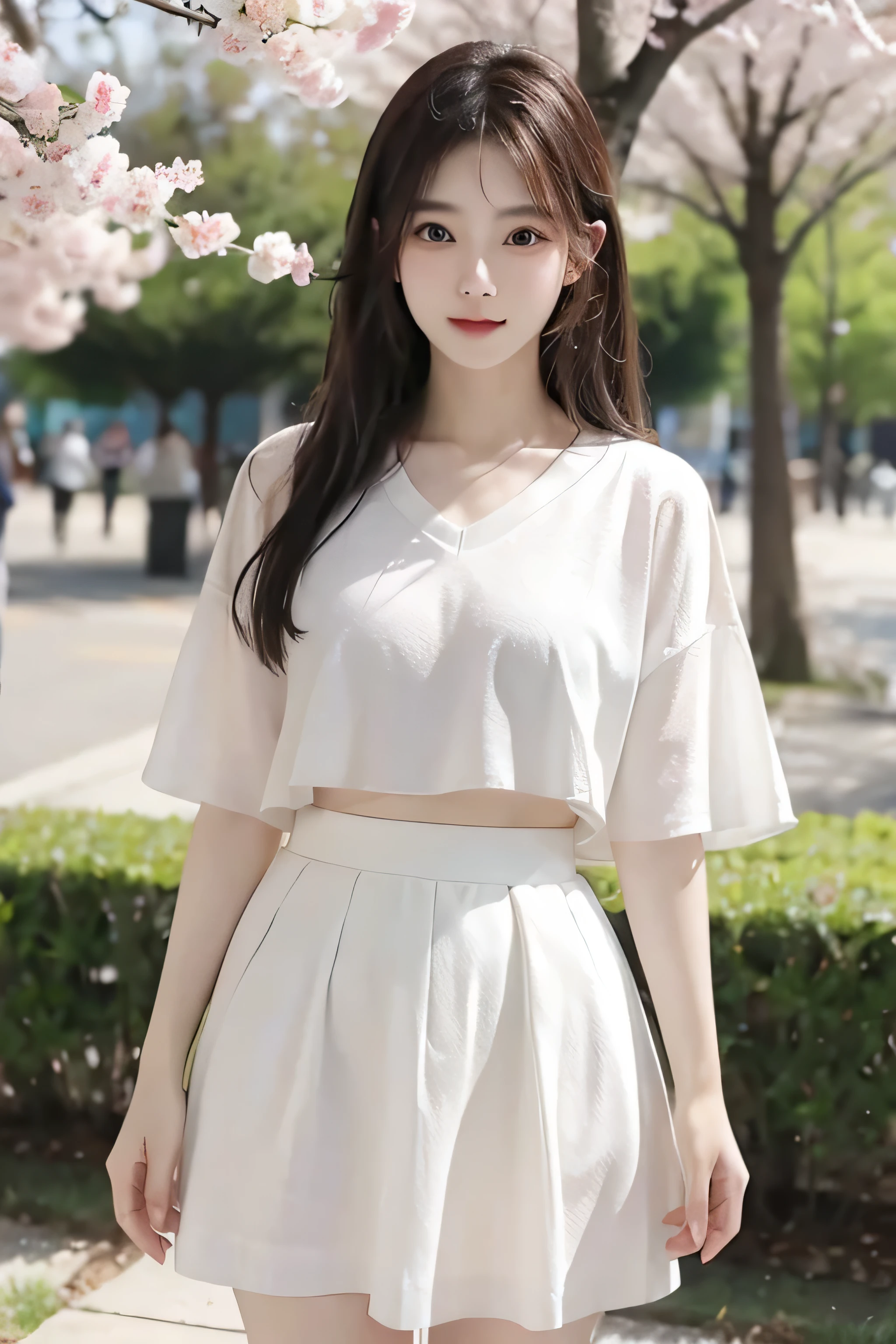 (最OK质量, masterpiece), 1 girl, korean girl,18 years old,simple beauty, amazing, In the park,Under the peach blossoms,noble,Perfect body, perfect face shape,charming eyes,big bright eyes,long eyelashes,sensual lips,White skin,(white gauze skirt,V-neck,The gauze skirt flew up),very true,OK,ethereal beauty