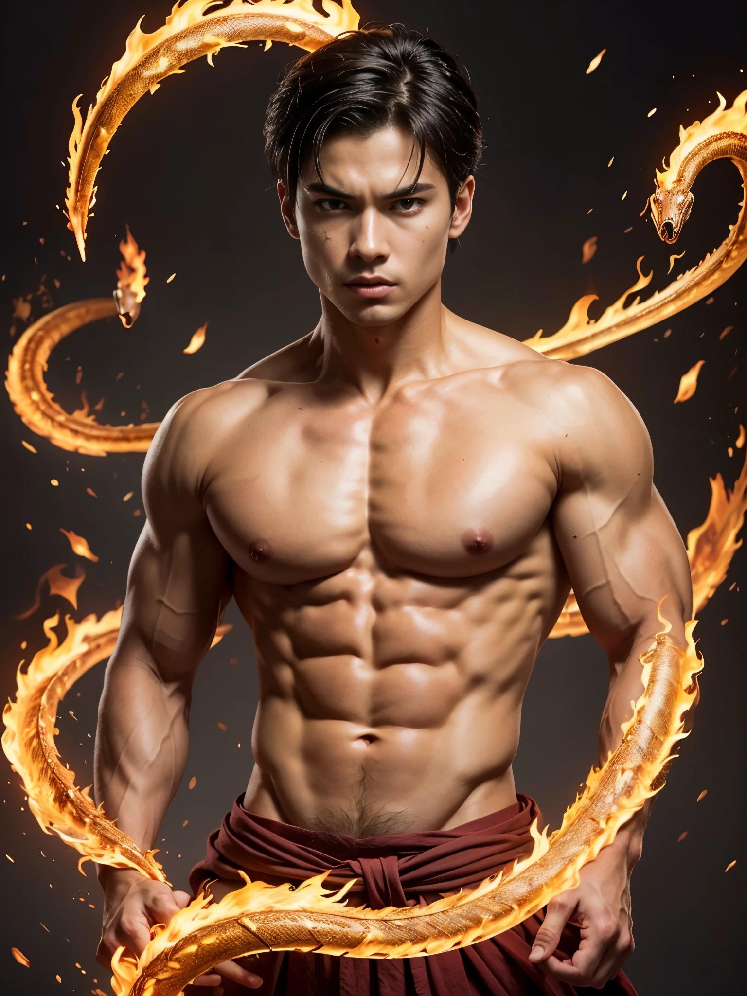 Photorealistic, masculine handsome male model, masculine Asian mix guy, mixed race, (angry:1.3), (young, :1.5), ((best quality)), ((masterpiece)), (detailed), (barechested:1.4). Portrait of young Prince Zuko from "Avatar: The Last Airbender". portrait him with a strong square jawline, gaunt cheeks, and skinny face, shirtless, stark white scar that snakes across his right eye, (yellow pupil eyes:1.4), (messy dark hair), he is a pyromancer, fire bender.