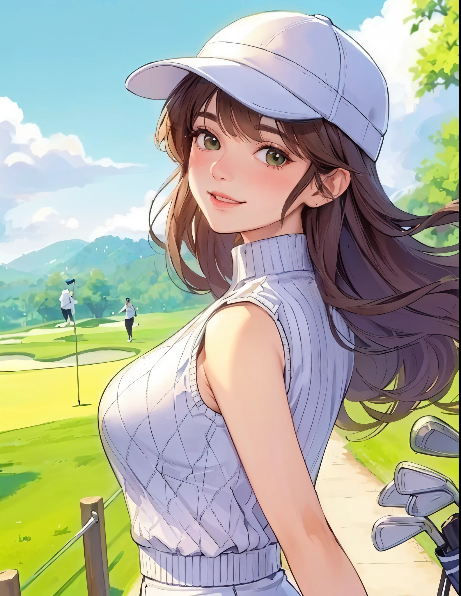 1lady standing, (looking back) (from behind), (golf wear) stylish, cap, mature female, /(light brown hair/) bangs, blush light smile, (masterpiece best quality:1.2) delicate illustration ultra-detailed, large breasts BREAK (green of golf course) outdoors, (golf club), noon, detailed background