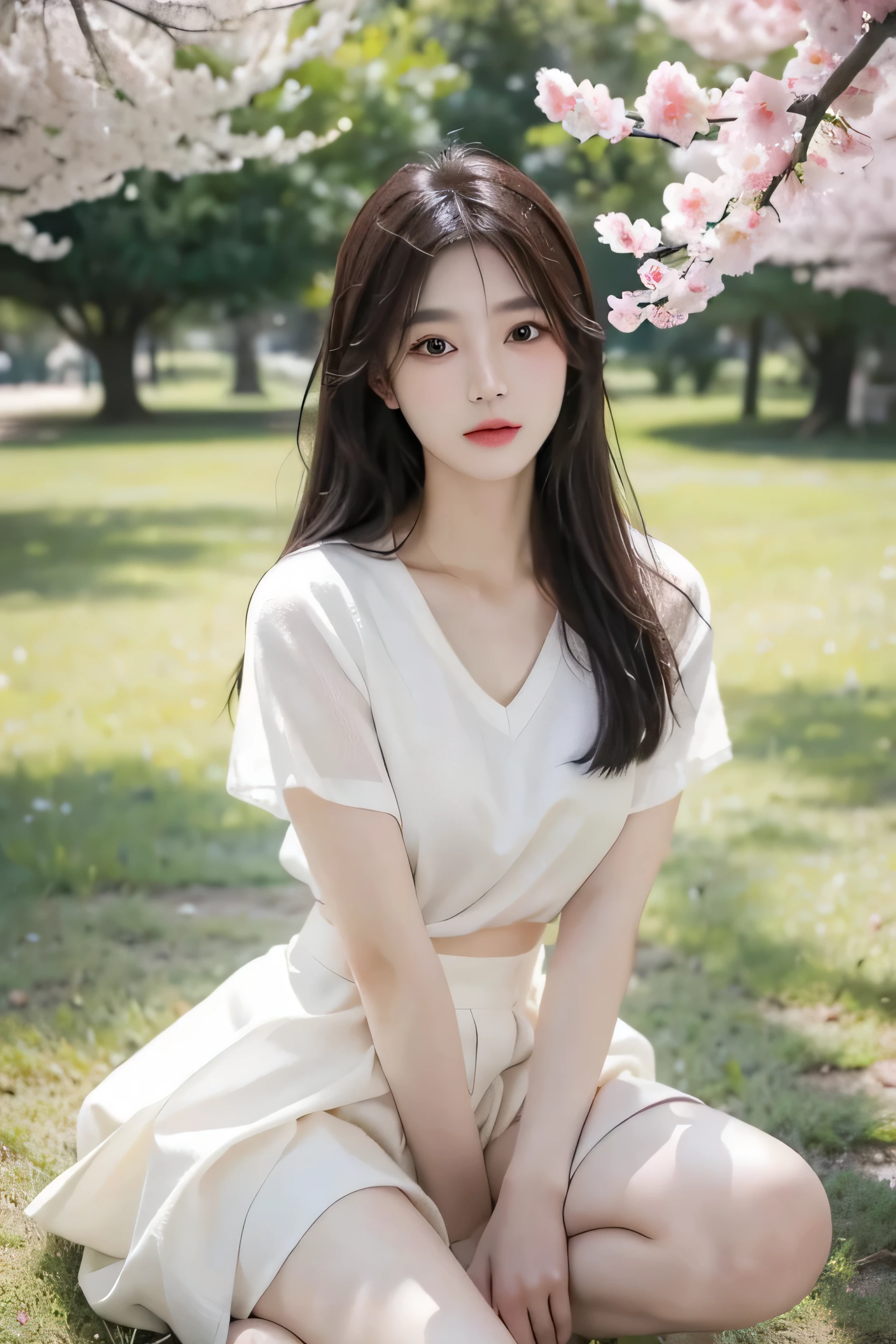 (最OK质量, masterpiece), 1 girl, korean girl,18 years old,simple beauty, amazing, In the park,Under the peach blossoms,noble,Perfect body, perfect face shape,charming eyes,big bright eyes,long eyelashes,sensual lips,White skin,(white gauze skirt,V-neck,The gauze skirt flew up),very true,OK,ethereal beauty