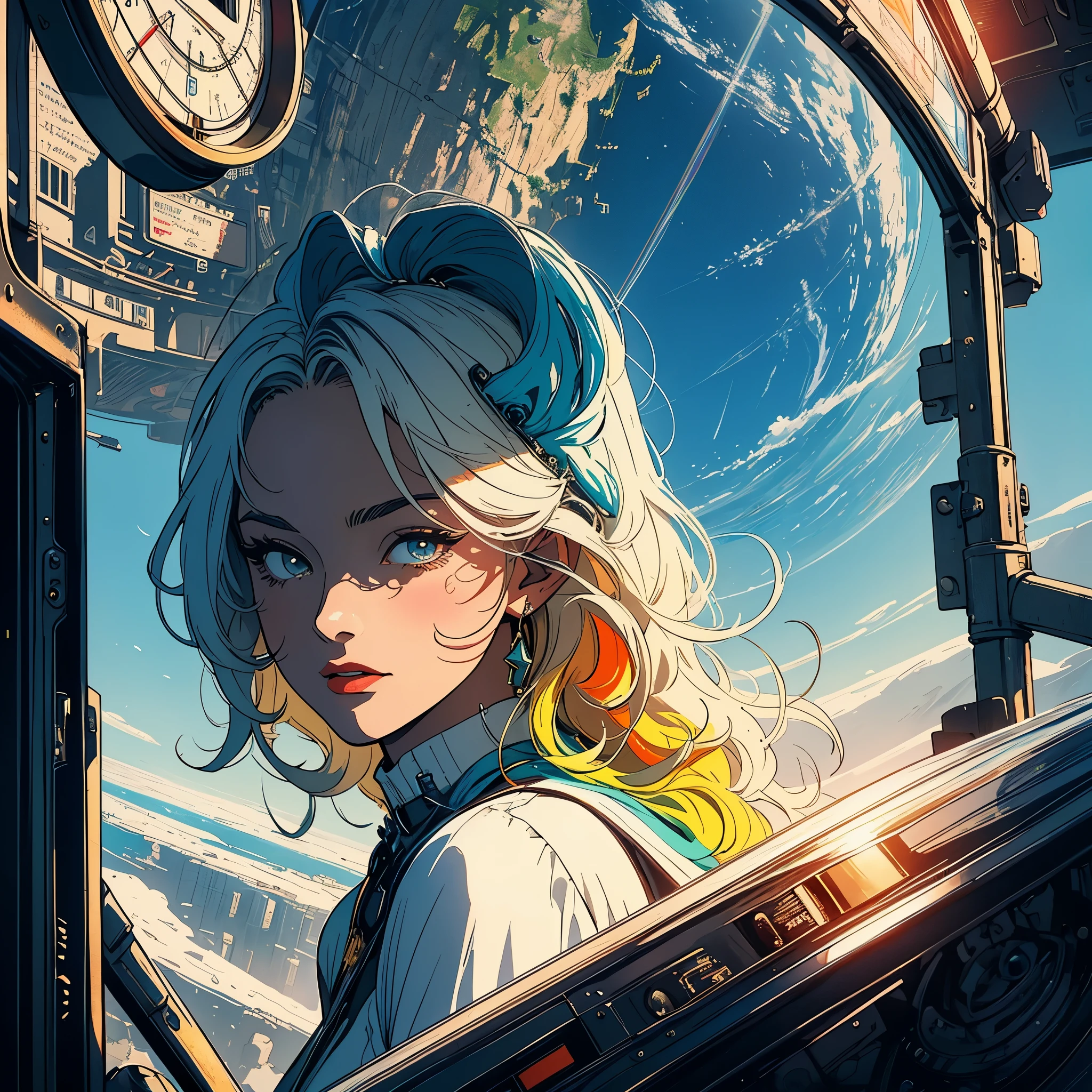 (masterpiece, highest quality), 32k,(A very detailed beautiful woman), poster,science fiction,1960s,1970s,bauhaus, shape, OK, abstract, propaganda,movie poster, vintage,retro,futuristic,anime,ultimate map,Perfect rainbow,highlight,angle from belowgolden hair,
