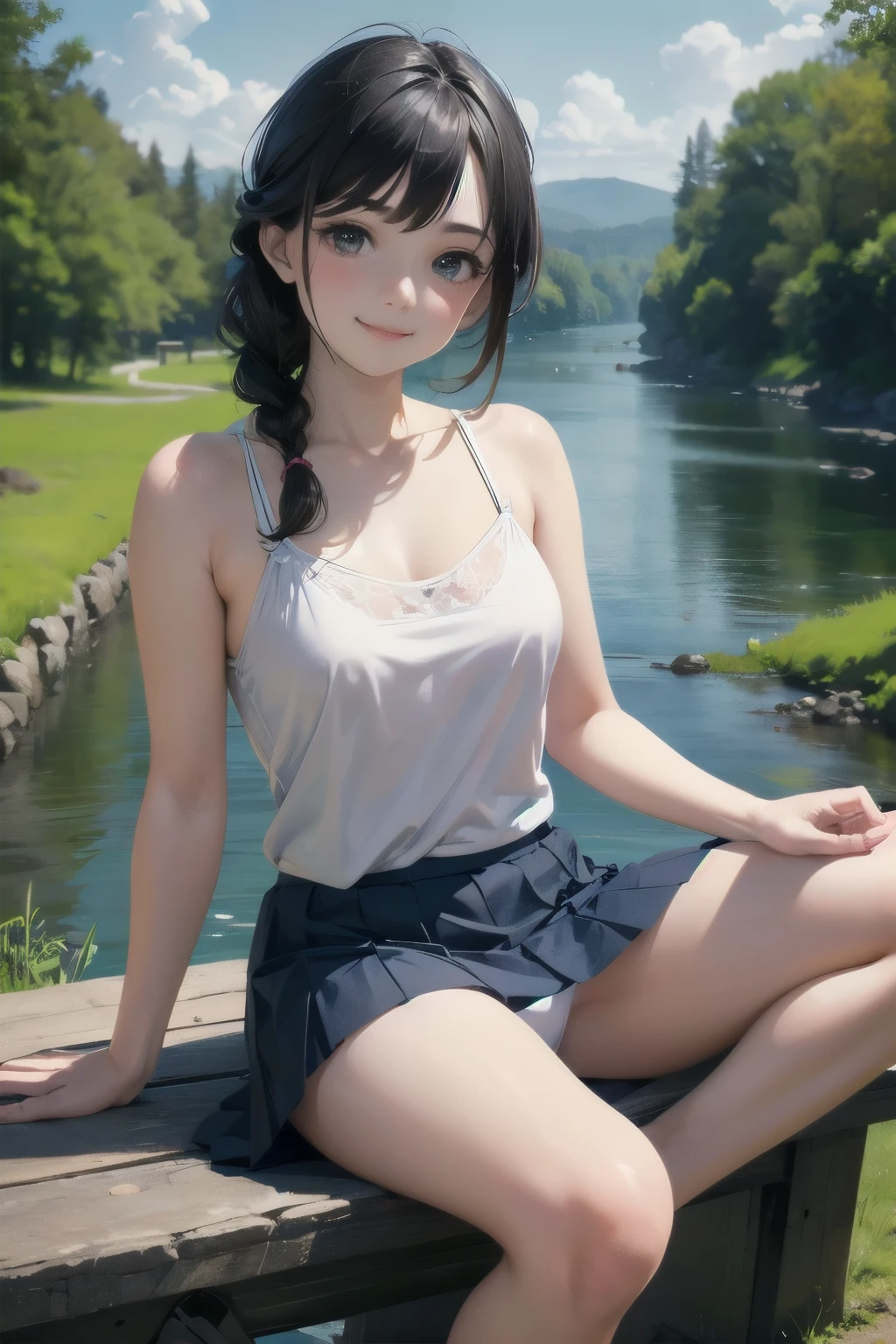 very cute and beautiful girl,(highly detailed beautiful face), white camisole,sitting,spread legs,(white panties) BREAK (smile),happy,looking at viewer,(pleated blue mini skirt:1.2), countryside,narrow river side,bridge,trees,summer,detailed landscape,black hair,twin braid, (best quality,masterpiece:1.2),absurdres,highres,ultra-detailed,extremely detailed,32k,8k resolution, intricate details,cinematic scene,detailed background,solo,dynamic angle,beautiful detailed sky, (realistic),high contrast,high saturation,