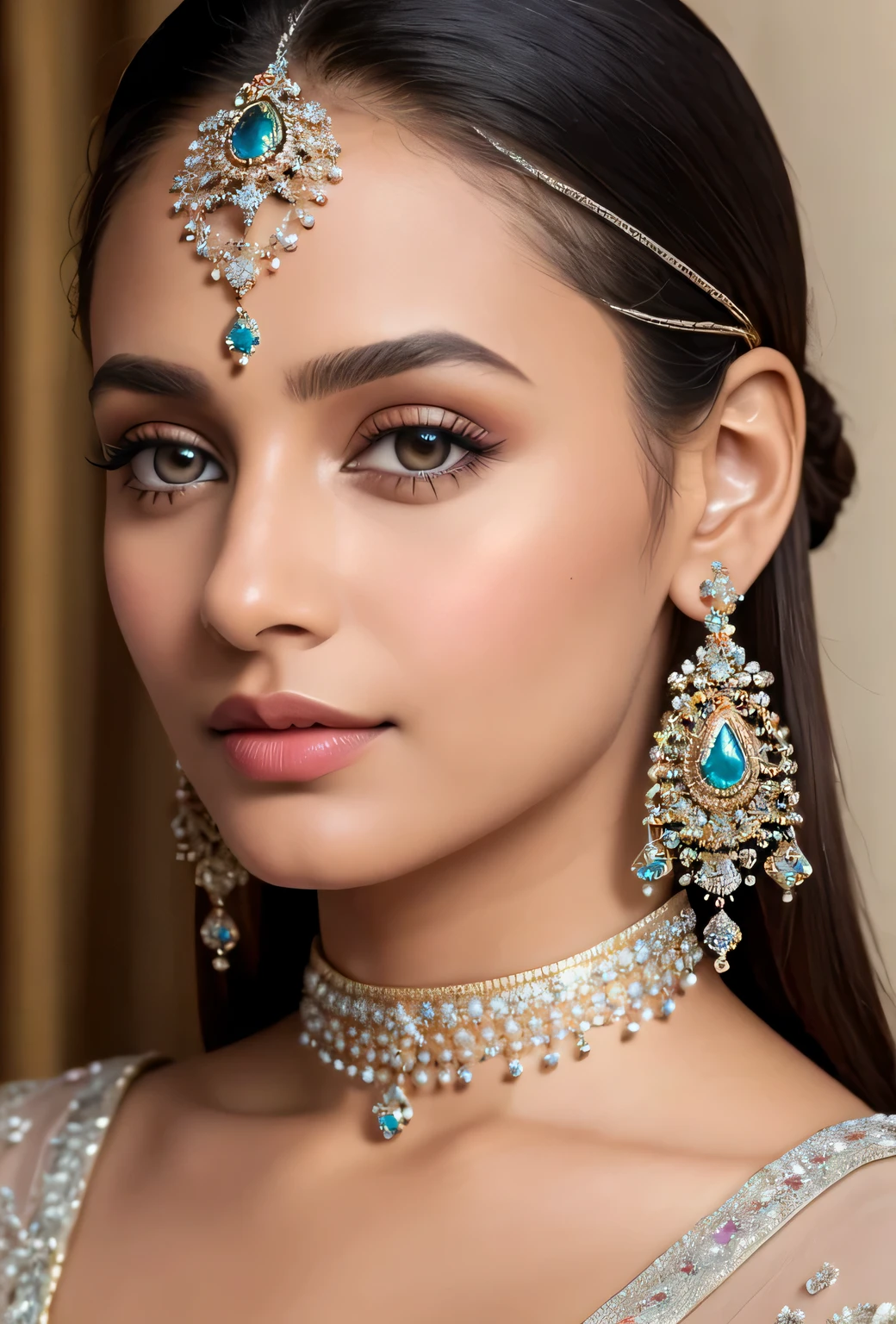 (masterpiece, best quality), intricate details, realistic, photorealistic, a close up of a India Girl, 18 years, wearing earrings, inspired by Emma Andijewska, draped in crystals, silver color, long earrings, sandra chevier, huge earrings, 2019, blue-eyed, platinum jewellery, earring, flawless structure, silver earring,