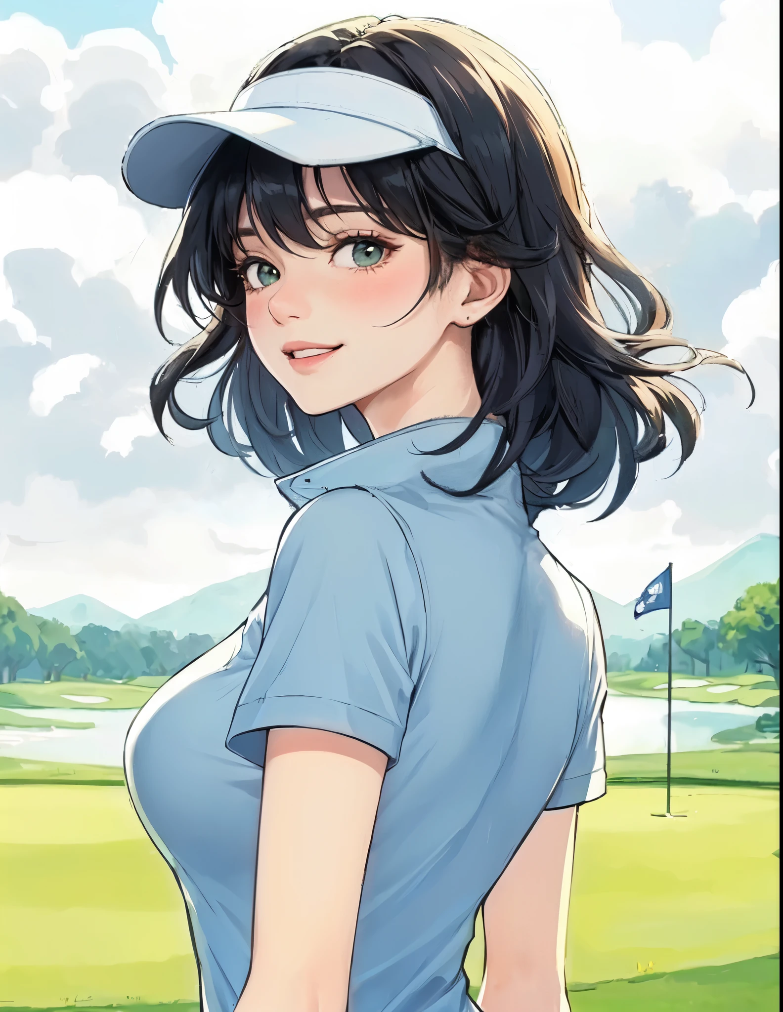 1lady standing, (looking back) (from behind), (golf wear) stylish, polo shit, cap, mature female, /(black hair/) bangs, blush light smile, (masterpiece best quality:1.2) delicate illustration ultra-detailed, large breasts BREAK (green of golf course) outdoors, (golf club), noon, detailed background