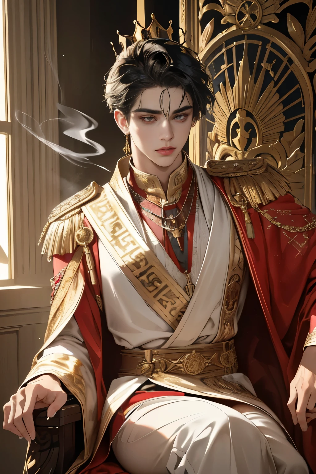 (best quality,4k,8k,highres,masterpiece:1.2),ultra-detailed,(realistic,photorealistic,photo-realistic:1.37),young man with black hair,(shaved temples:1.1),(golden eyes:1.1),sits on a detailed throne, fantasy clothing,dark atmosphere,dramatic lighting,dense fog,ornate decorations,ancient symbols,mystical aura,ominous shadows,spiky leather armor,tattoos on arms,crown with intricate carvings,elaborate patterns,sharp edges,tattered banners and flags,stone pillars with engravings,gold accents and jewelry,eyes glowing with magic,smoke rising from beneath the throne,glowing runes,heart-shaped pendant hanging from neck