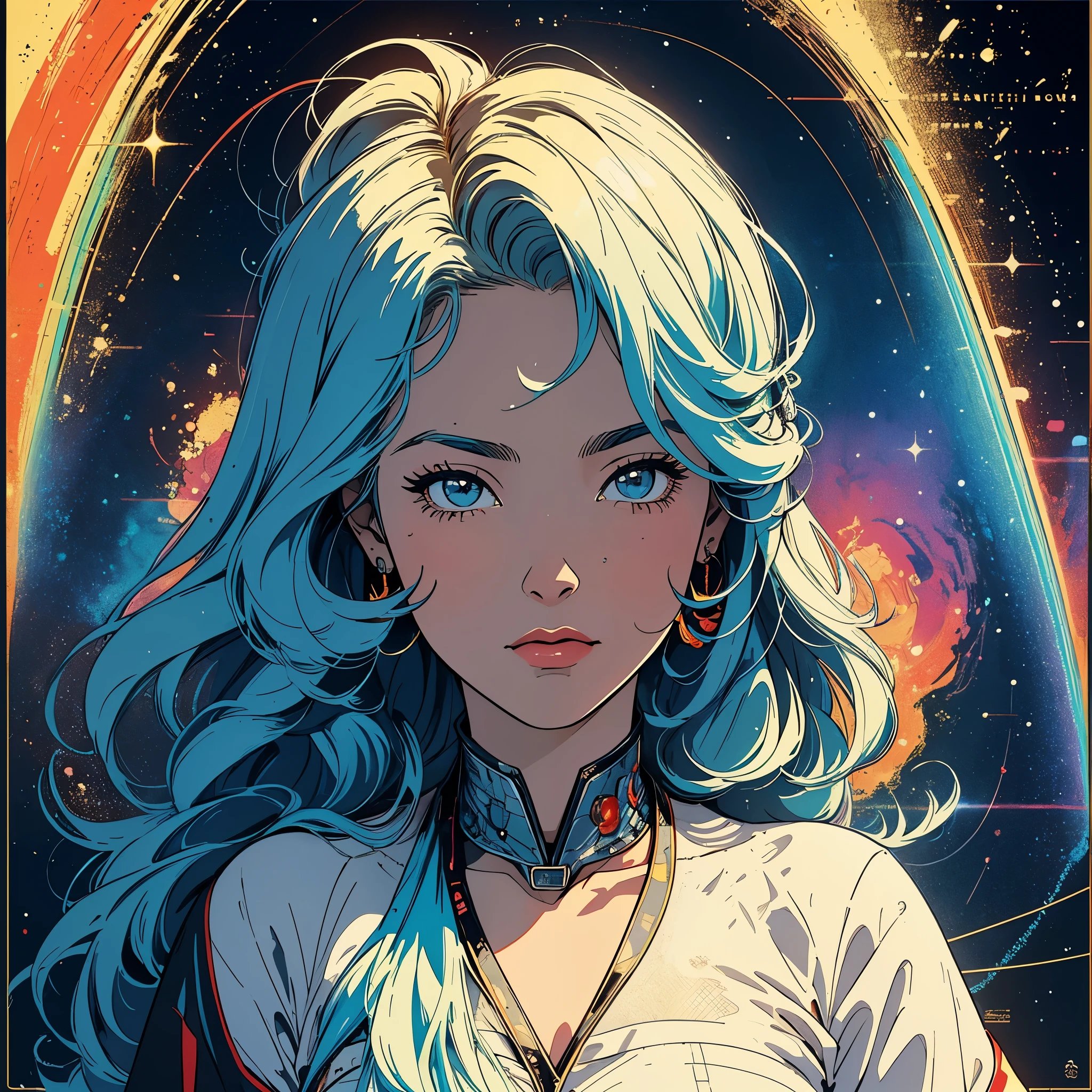 (masterpiece, highest quality), 32k,(A very detailed beautiful woman), poster,science fiction,1960s,1970s,bauhaus, shape, OK, abstract, propaganda,movie poster, vintage,retro,futuristic,anime,ultimate map,Perfect rainbow,highlight,angle from belowgolden hair,
