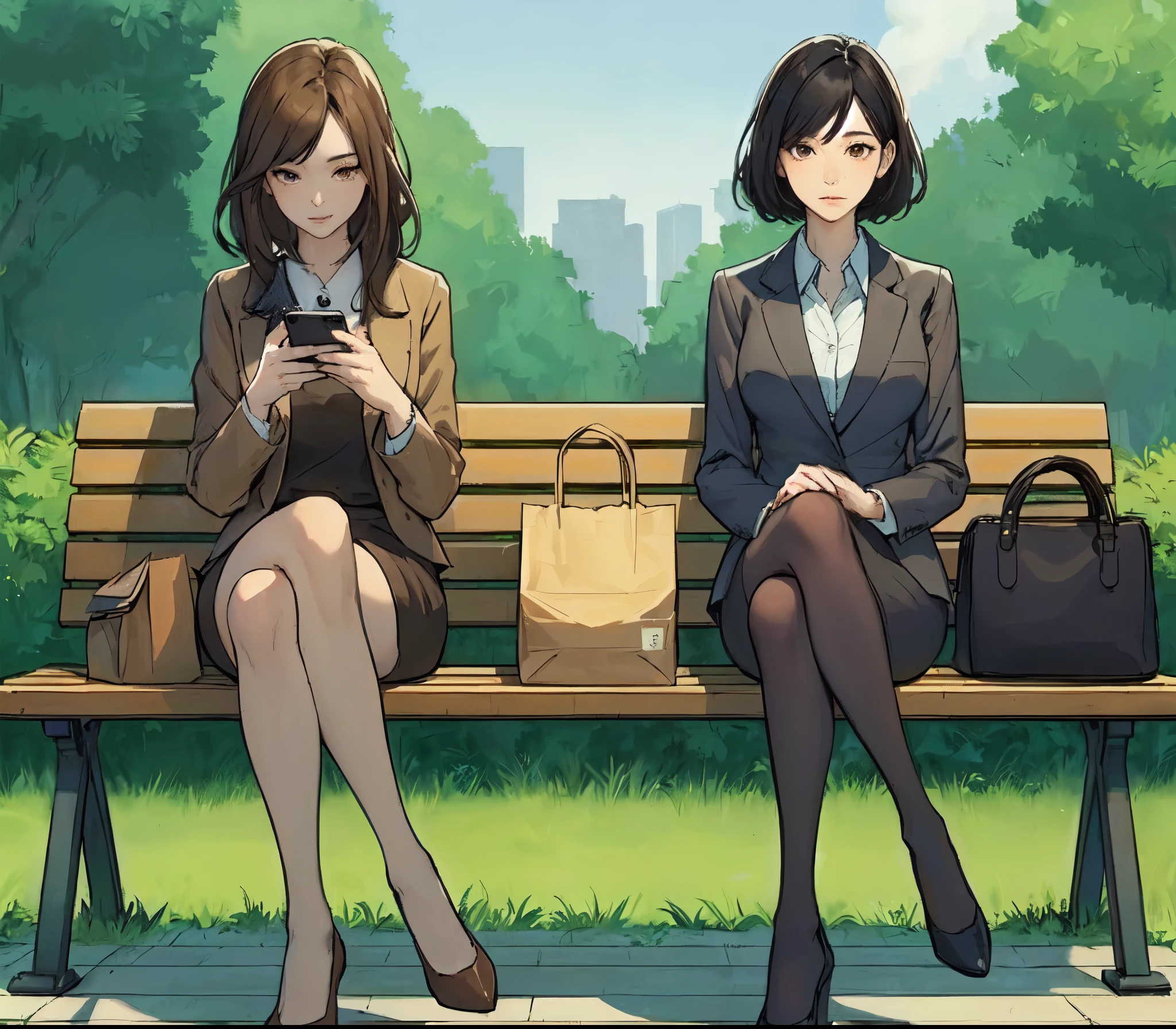 2ladies, sitting on (end of bench), (office worker outfit) stylish, mature female, /(brown hair/) bangs, (looking at cellphone), (masterpiece best quality:1.2) delicate illustration ultra-detailed, large  BREAK /(black hair/) bangs, (gazing into distance) BREAK ((simple paper bag:1.2) sitting in middle of bench) BREAK (ordinary urban park) outdoors, (green landscape), noon, detailed background