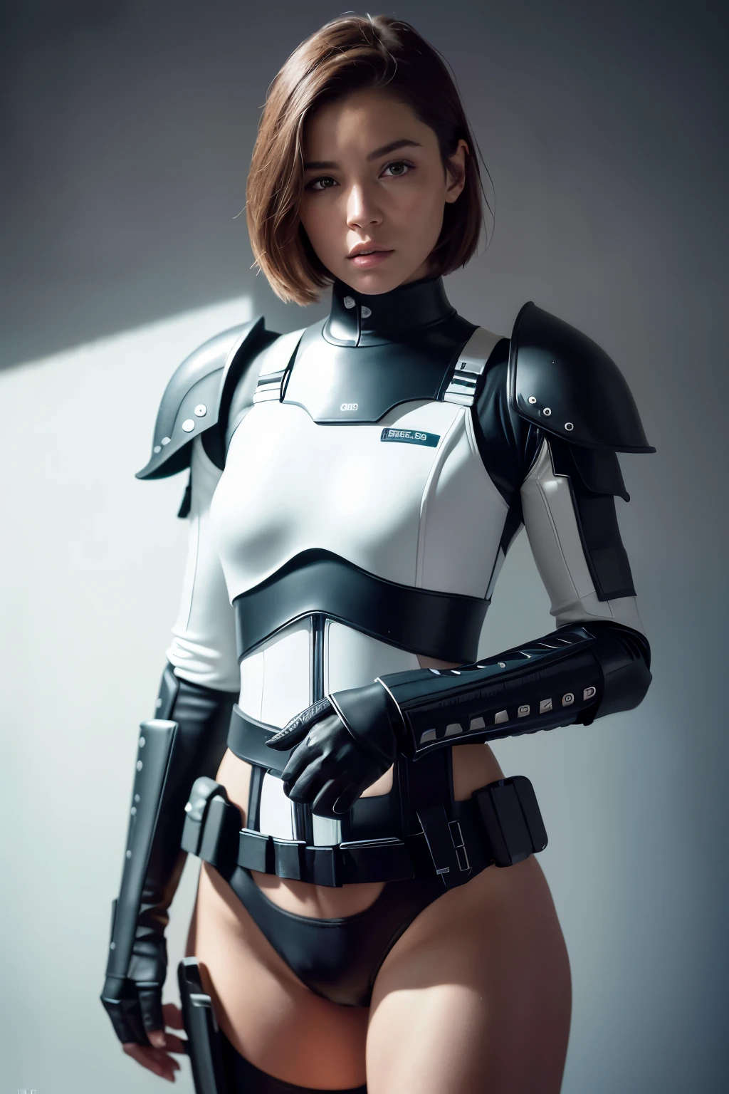 A female Stormtrooper character from Star Wars poses boldly for a dynamic portrait, her black armor shining under the intricatelyrendered Butterfly lighting. Her thigh-high boots are distinctly visible, adding a touch of allure to her otherwise uniform appearance. This hyperrealistic, detailed RAW color art captures every texture and contour of the Stormtrooper's armor, showing off the leading lines that guide the viewer's gaze around her full body. Tilt-Shift effects are artfully applied, simulating a miniature scene and adding a unique perspective to this masterpiece. (hyperrealism: 1.5), (detailed RAW color art:1.4), (