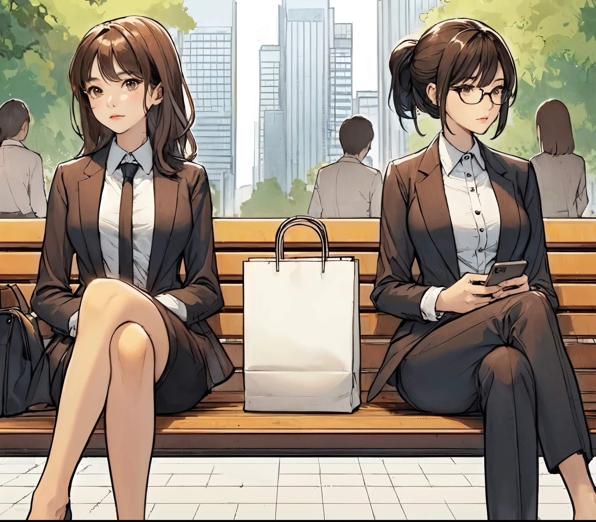 2ladies, sitting on (end of bench), (office worker outfit) stylish, mature female, /(brown hair/) bangs, (looking at cellphone), (masterpiece best quality:1.2) delicate illustration ultra-detailed, large breasts BREAK /(black hair/) bangs, (gazing into distance), eyewear BREAK ((simple paper bag:1.2) sitting in middle of bench) BREAK (ordinary urban park) outdoors, (green landscape), noon, detailed background