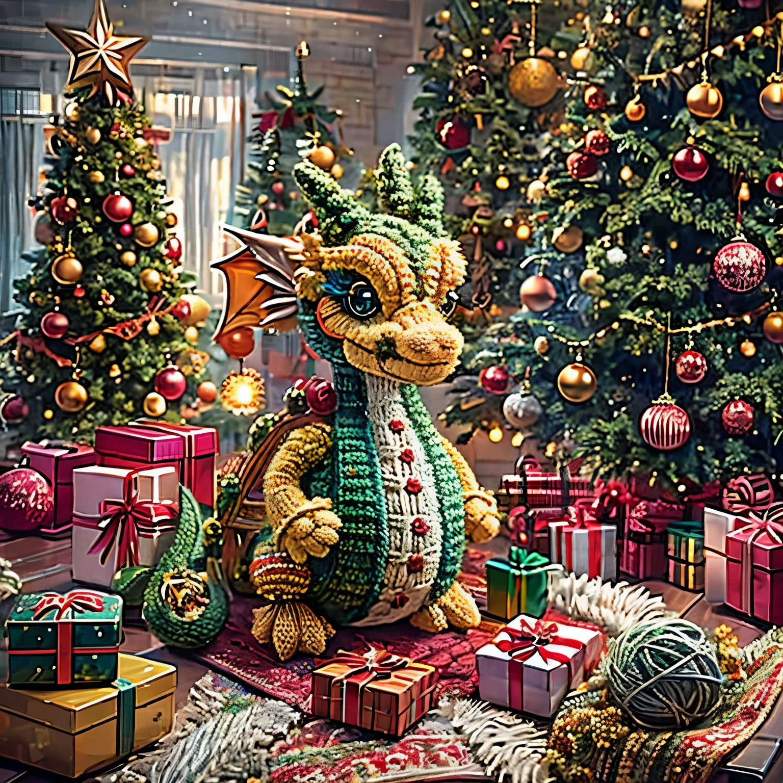 (La best quality,high resolution,super detailed,actual),cute knitted dragon，in the room，smiley face，Christmas decoration，surrounded by christmas gifts，A masterpiece with fantasy elements）））， （（best quality））， （（intricate details））（8k）