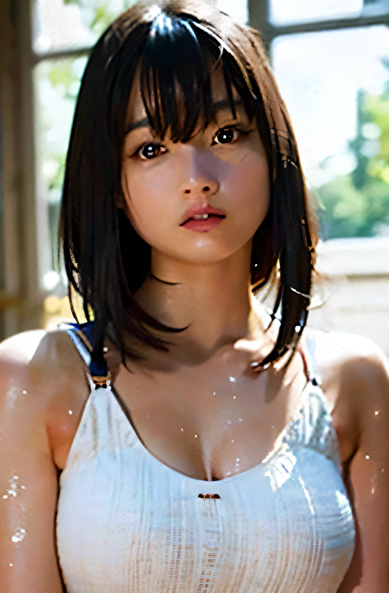 highest quality、masterpiece、超A high resolution、(Photoreal:1.4)、RAW photo、1 girl、black hair、glowing skin、wet body、Dramatic sentences、Full body Esbian、Female dog、OL、big breasts