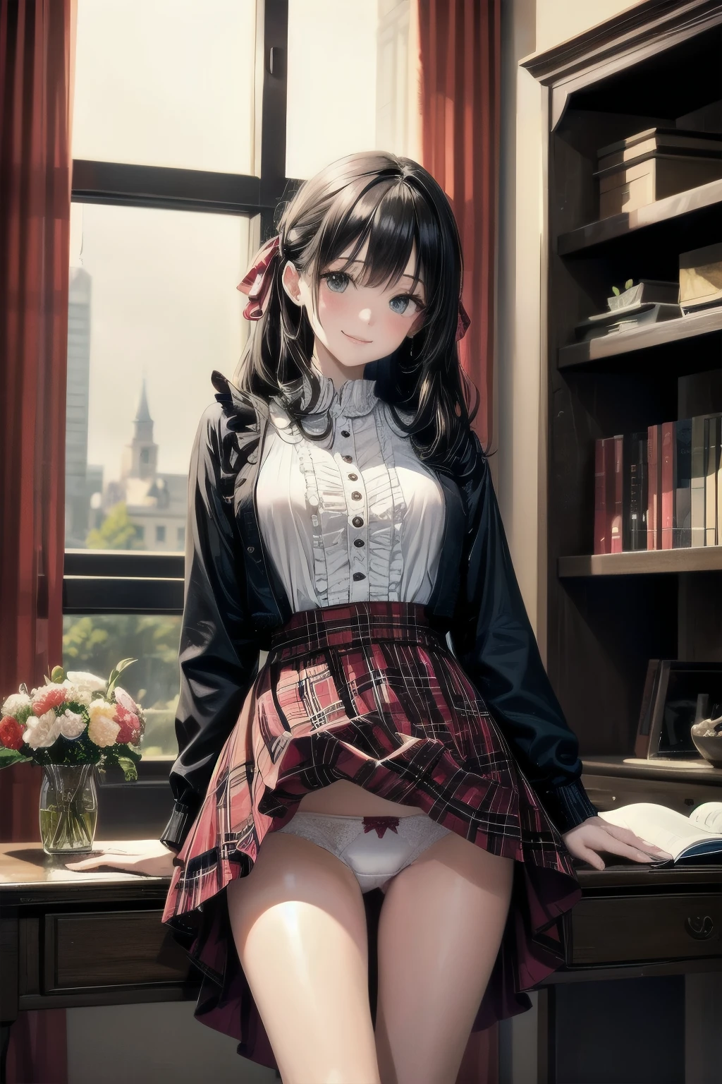 very cute and beautiful girl,(highly detailed beautiful face),(smile),blush,cowboy shot, (white blouse with detailed frills),long sleeve BREAK standing,skirt lift,(white panties), hair ribbon,black hair,(scarlet plaid mini skirt) BREAK antique living room,flowers in vase,wooden desk,(bookshelf:0.9),jewelry box,european carpet,distant trees, (best quality,masterpiece:1.2),absurdres,highres,ultra-detailed,extremely detailed,32k,8k resolution, intricate details,cinematic scene,detailed background,solo,dynamic angle,high contrast,high saturation,