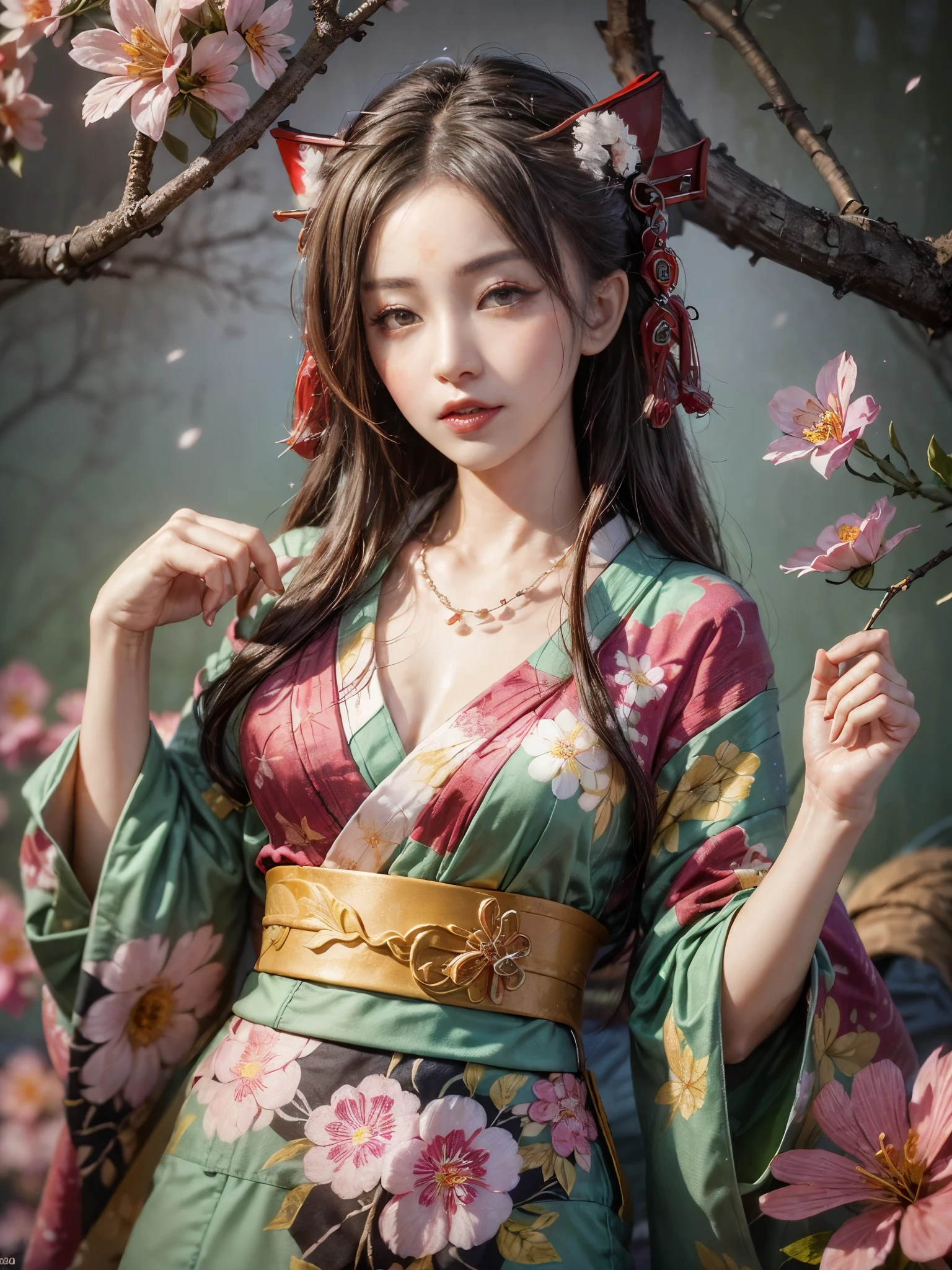 (front focus、perfect anatomy:1.5)、(Super detailed、16K quality、real skin: 1.6)、hyper realist、photo-realistic.cinematic lighting、highly detailed face、1 beautiful thai girl、 ( beautiful half Thai/japanese girl、smile:1.3)simple necklace(brown hair、big slit eyes、eye shadow、eyeliner、green color contact lenses:1.5)flashy gal makeup(unbalanced chest:1.4)(黒くsunburnした肌、black skin:1.8)sunburn、eyeliner、red lips.break.
(((Oiran style kimono:1.5))), break、(A cafe with a view of spring cherry blossoms:1.2)(Sparkling✨:1.4)
movie spotlight