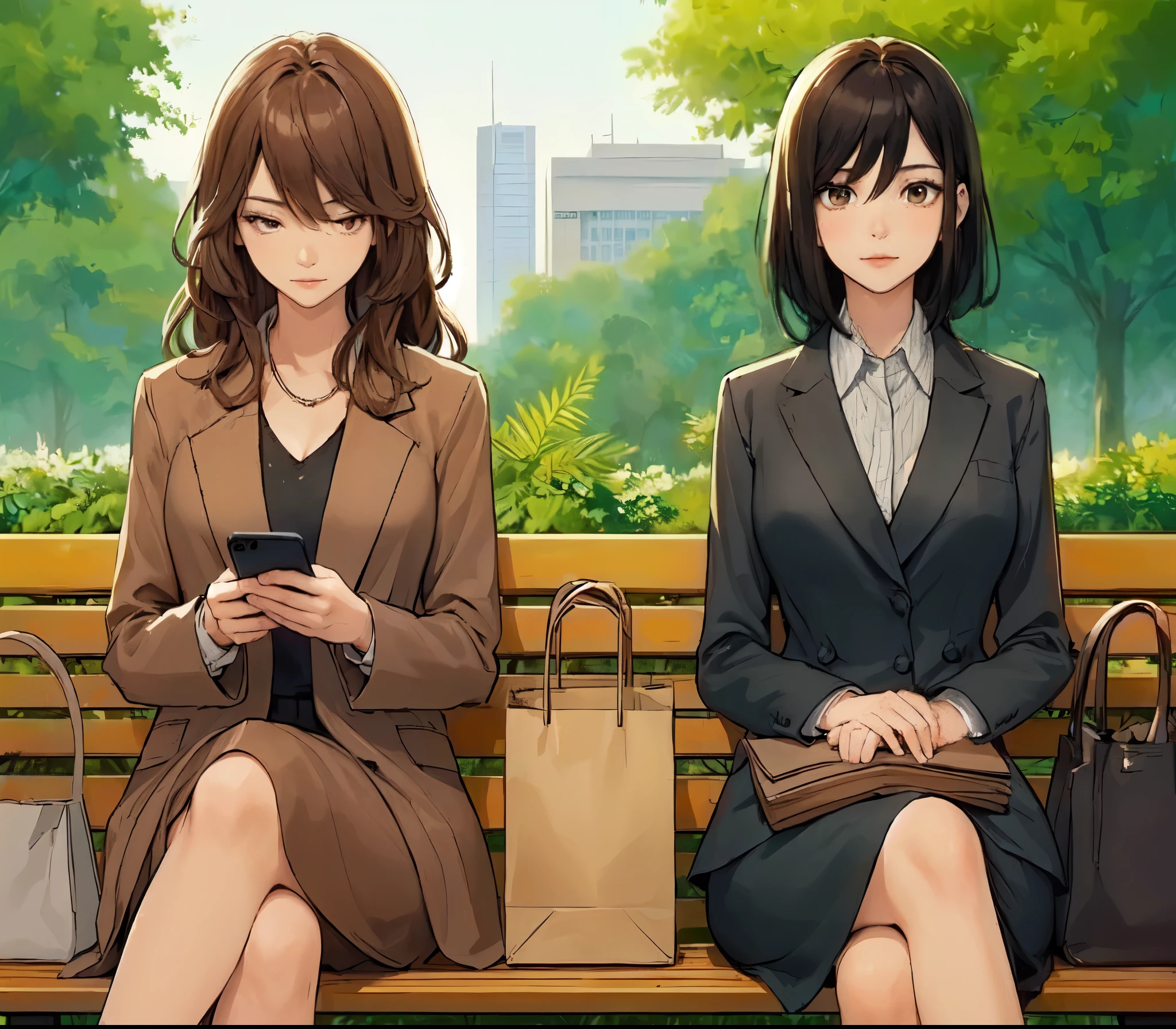 2ladies, sitting on (end of bench), (office worker outfit) stylish, mature female, /(brown hair/) bangs, (looking at cellphone), (masterpiece best quality:1.2) delicate illustration ultra-detailed, large  BREAK /(black hair/) bangs, (gazing into distance) BREAK ((simple paper bag:1.2) sitting in middle of bench) BREAK (ordinary urban park) outdoors, (green landscape), noon, detailed background