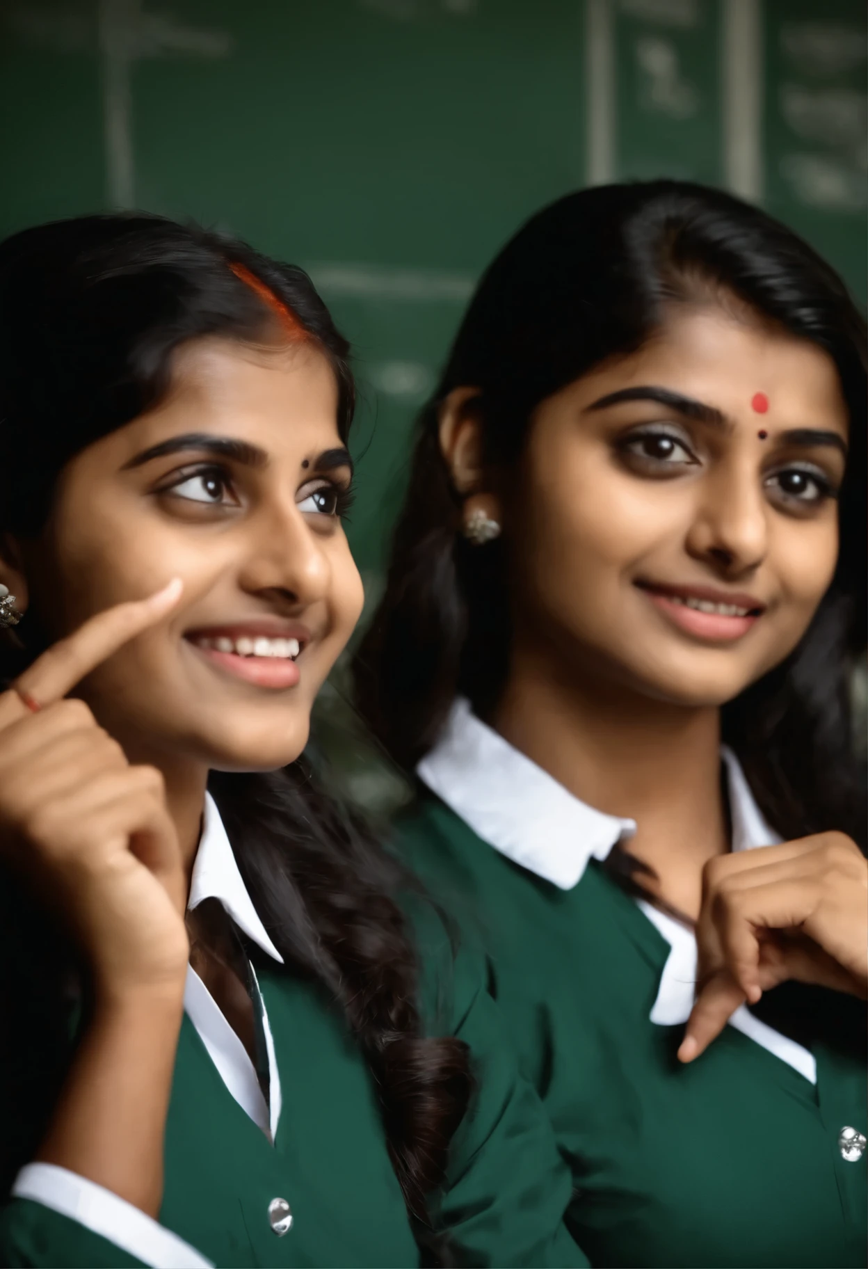 Two adult indian girls in a mini skirt schoo uniform, standing in classroom, big boobs, backpack on shoulder
