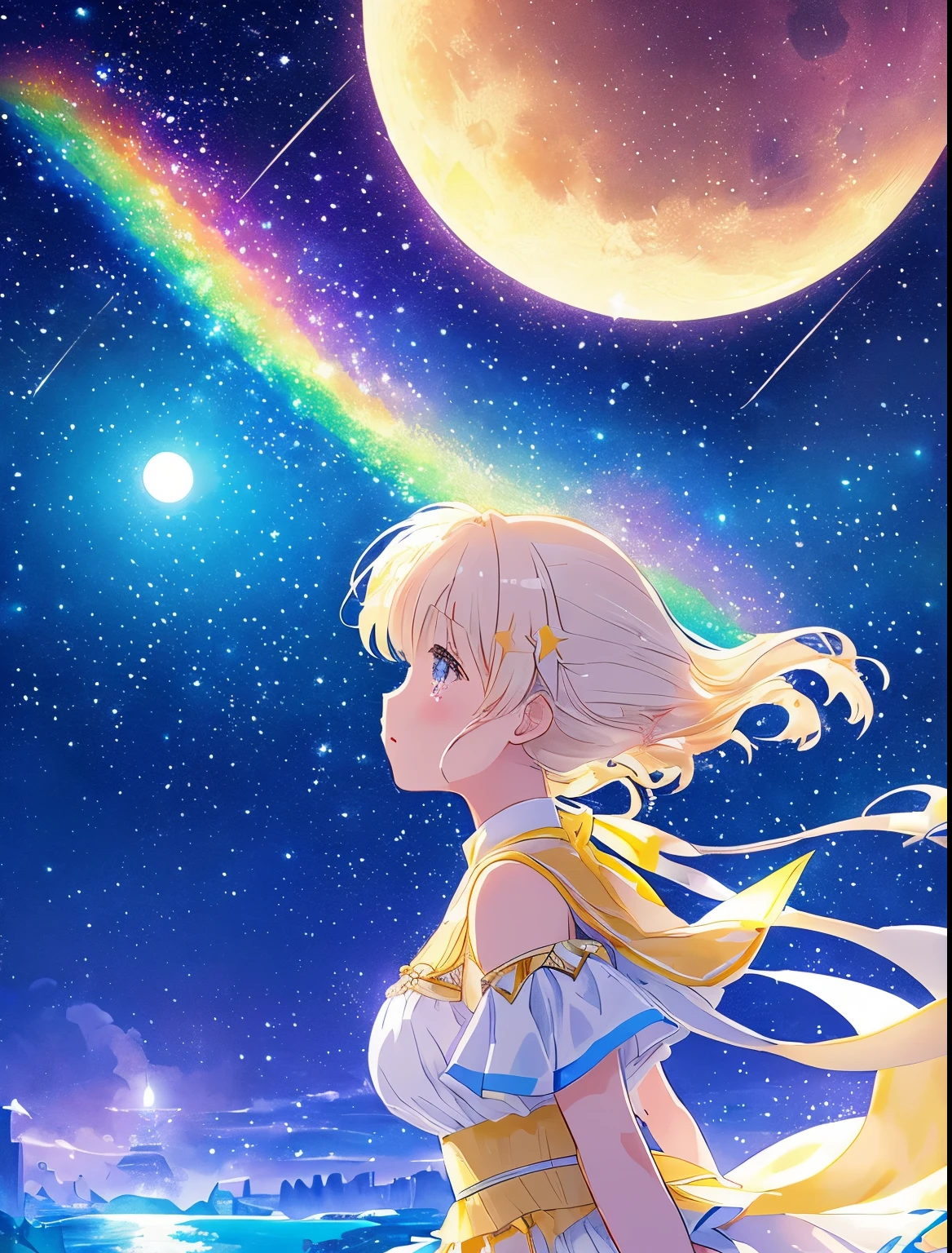 ((huge pale yellow moon))((A girl who looks up at her profile and is subjectively depicted))、((crying girl))、Profile girls、On a multicolored background、Painting of a river with stars and moon in a rainbow sky、Shining skyscrapers、shine all over、Concept art inspired by Mitsuoki Tosa、pixiv contest winner、highest quality、fantasy art、beautiful anime scene、bright moon、moonlit star environment、dream picture、anime backgroundアート、fantasy landscape art、fantasy knight、anime background、background artwork、great art、Atmospheric anime、starry sky、Detail has been enhanced。