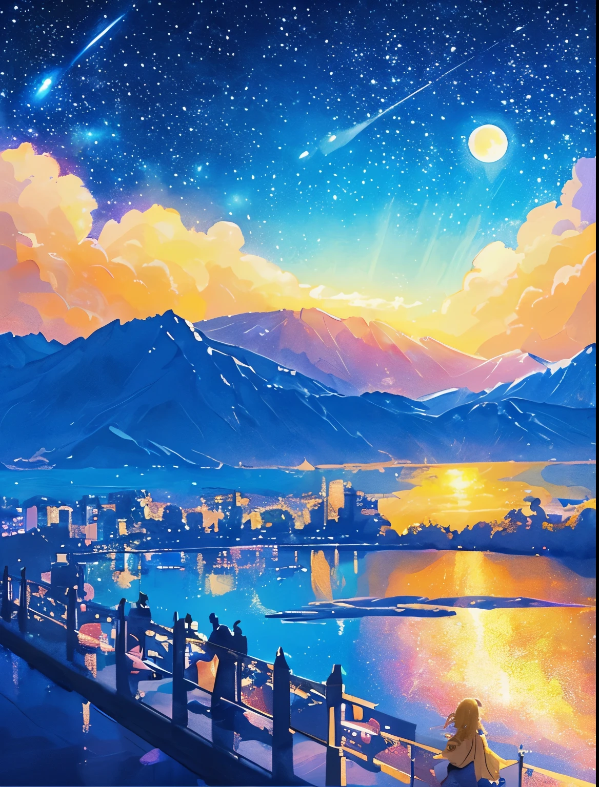 ((huge pale yellow moon))((A girl who looks up at her profile and is subjectively depicted))、((crying girl))、Profile girls、On a multicolored background、Painting of a river with stars and moon in a rainbow sky、Shining skyscrapers、shine all over、Concept art inspired by Mitsuoki Tosa、pixiv contest winner、highest quality、fantasy art、beautiful anime scene、bright moon、moonlit star environment、dream picture、anime backgroundアート、fantasy landscape art、fantasy knight、anime background、background artwork、great art、Atmospheric anime、starry sky、Detail has been enhanced。