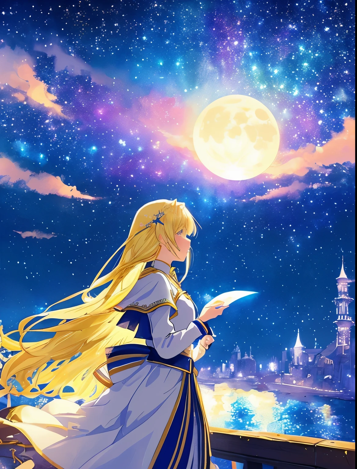 ((huge pale yellow moon))((A girl who looks up at her profile and is subjectively depicted))、((crying girl))、Profile girls、On a multicolored background、Painting of a river with stars and moon in a rainbow sky、Shining skyscrapers、shine all over、Concept art inspired by Mitsuoki Tosa、pixiv contest winner、highest quality、fantasy art、beautiful anime scene、bright moon、moonlit star environment、dream picture、anime backgroundアート、fantasy landscape art、fantasy knight、anime background、background artwork、great art、Atmospheric anime、starry sky、Detail has been enhanced。