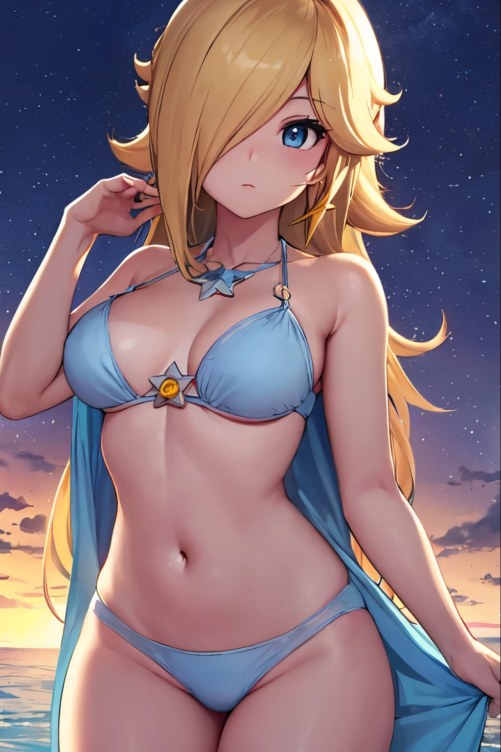 Rosalina, Rosalina, Blonde hair, blue eyes, hair over one eye, long hair, blue bikini BREAK, high waist panties, crown, dress, earrings, jewelry, princess, cape, star earrings, BREAK night, night sky, sky , star \(sky\), star \(symbol\), space, sun, BREAK looking at the viewer, (cowboy photo: 1.5), BREAK (art: 1.2), best quality, high resolution, 8k unity wallpaper , (art: 0.8), (beautiful detailed eyes: 1.6), extremely detailed face, perfect lighting, extremely detailed CG, (perfect hands, perfect anatomy),