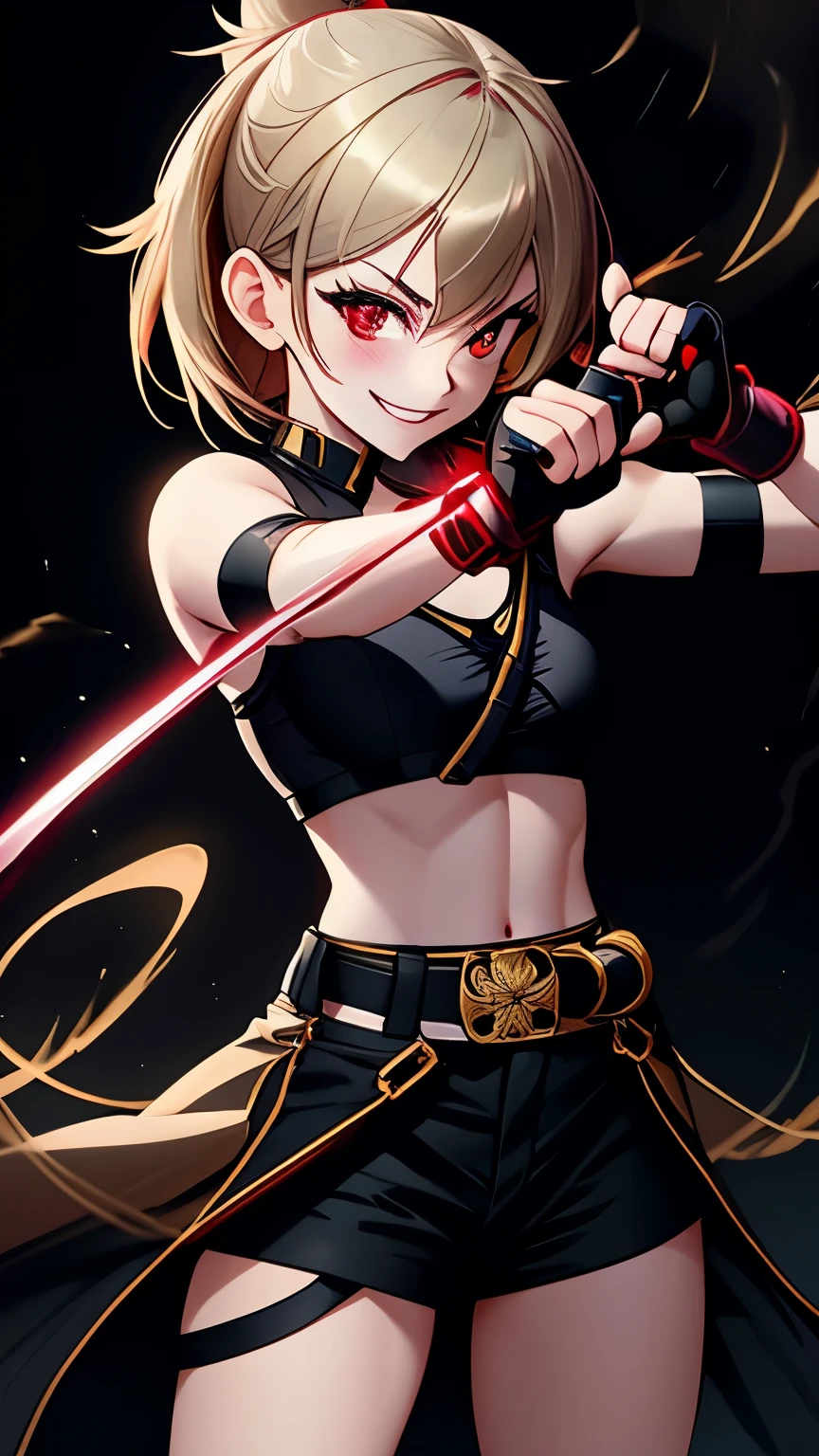 girl holding a katana, perfect smile, fighting pose, skimpy , perfect hands, fingerless gloves, perfect fingers, perfect katana glowing 