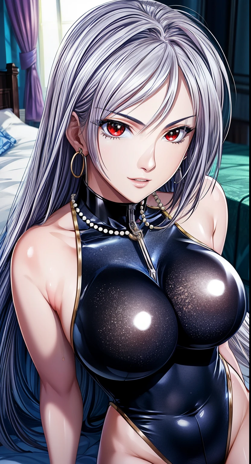 red eyes, (highest quality, masterpiece絵画:1.3), mature woman, 26 years old, (upper body shot), masterpiece, ultra high resolution, (Photoreal:1.0), Bright silver hair、straight hair, beautiful shining hair, white and shining skin, ((Ultra realistic details)), octane rendering, highly detailed face,  (big breasts:1.0), (((perfect female body, tight waist))), beautiful queen, royal, Sacred, goddess, (royal palace), fantasy, dream-like, unrealistic, Science fiction, beautiful clothes , race, raceトリム, raceの服, raceの服, NSFW, (rich: 1.4), prestige, luxury, jewelry, diamond, Money, pearl, gem, sapphire, Ruby, emerald, intricate details, delicate pattern, sexy, fascinating, attractive, erotic, necklace, earrings, bangle,  cleavage, perfect body, soft skin, anime face, perfect face, perfect eyes, looking at the viewer, smart, Bedroom, sharp focus, intricate details, professional artwork, (bright colors:1.1), bright colors, diffused lighting, digital blending, ultra-definition body, ultra detail hair, super detailed face, top button open, Cute gaze, compensate, perfect lips, perfect compensate, Ultra-precision coating, (light_smile:0.6), (Very embarrassed:0.8),