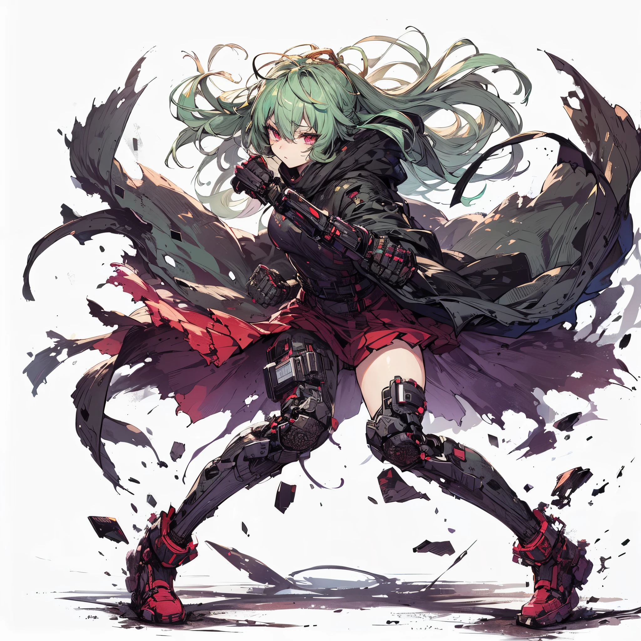 (masterpiece, Best Quality), (Perfect athlete body:1.2), (detailed hairs), Ultra-detailed, Anime style, Full body, cyberpunk Egged runner girl, burnt black mechanical limb, ((fists of black-purple flame)), Sea green two topknot hairstyle with red eyes, wearing raged cape and cyberpunk outfit. standing in burned earth, 8k high resolution, white background, whole-body, full-length view,