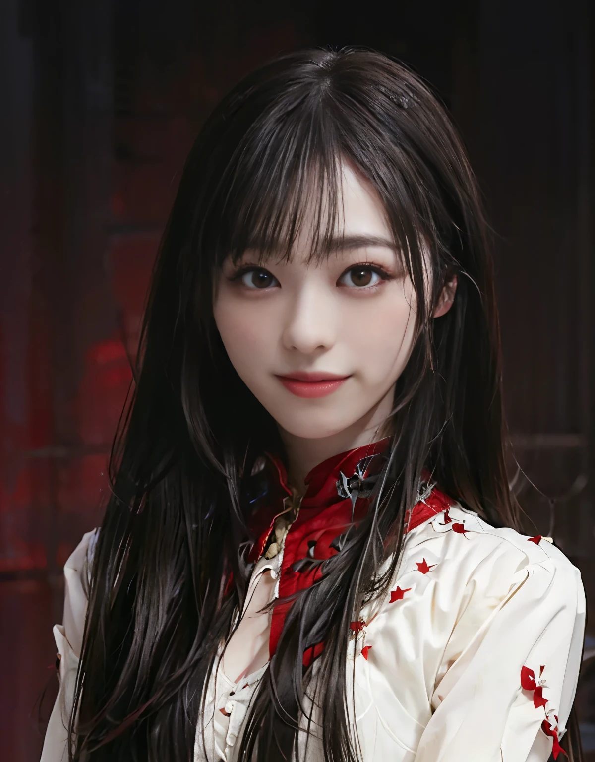 masterpiece, highest quality, High resolution, 1 girl, alone, Modern vampires, long hair, open hair, red eyes, evil smile, red and black costume, Scary background