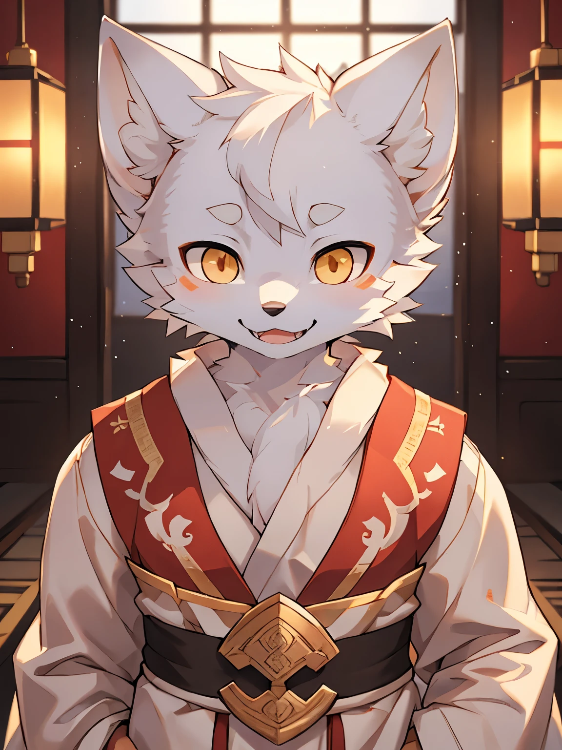 (best picture quality),(masterpiece),(((the only person))),(Super detailed),(male arctic fox:1.5), (white skin:1.3), hairy，(white fur:1.3),((golden eyes)) ,(gray ears),(hairy动物耳朵)，((Wearing ancient Chinese robes))，Open your mouth slightly，Smile，small sharp teeth，In a Chinese-style room，natural lighting，complex background,Detailed face，details on face，Character focus，Detailed clothes，depth of field，lighting perfect，light particles，sharp focus，light particles，alone，front view，above chest