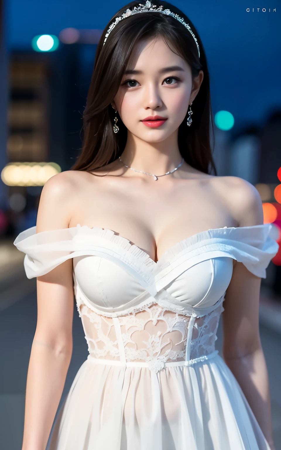 Highly detailed CG unity 8k wallpaper.., Highest quality, มีvery detailed, Masterpiece, realistic, photorealistic, very detailed, cute young woman, (25 years old), Blush, weather, half body shot, white wedding dress, Standing and watching the night view