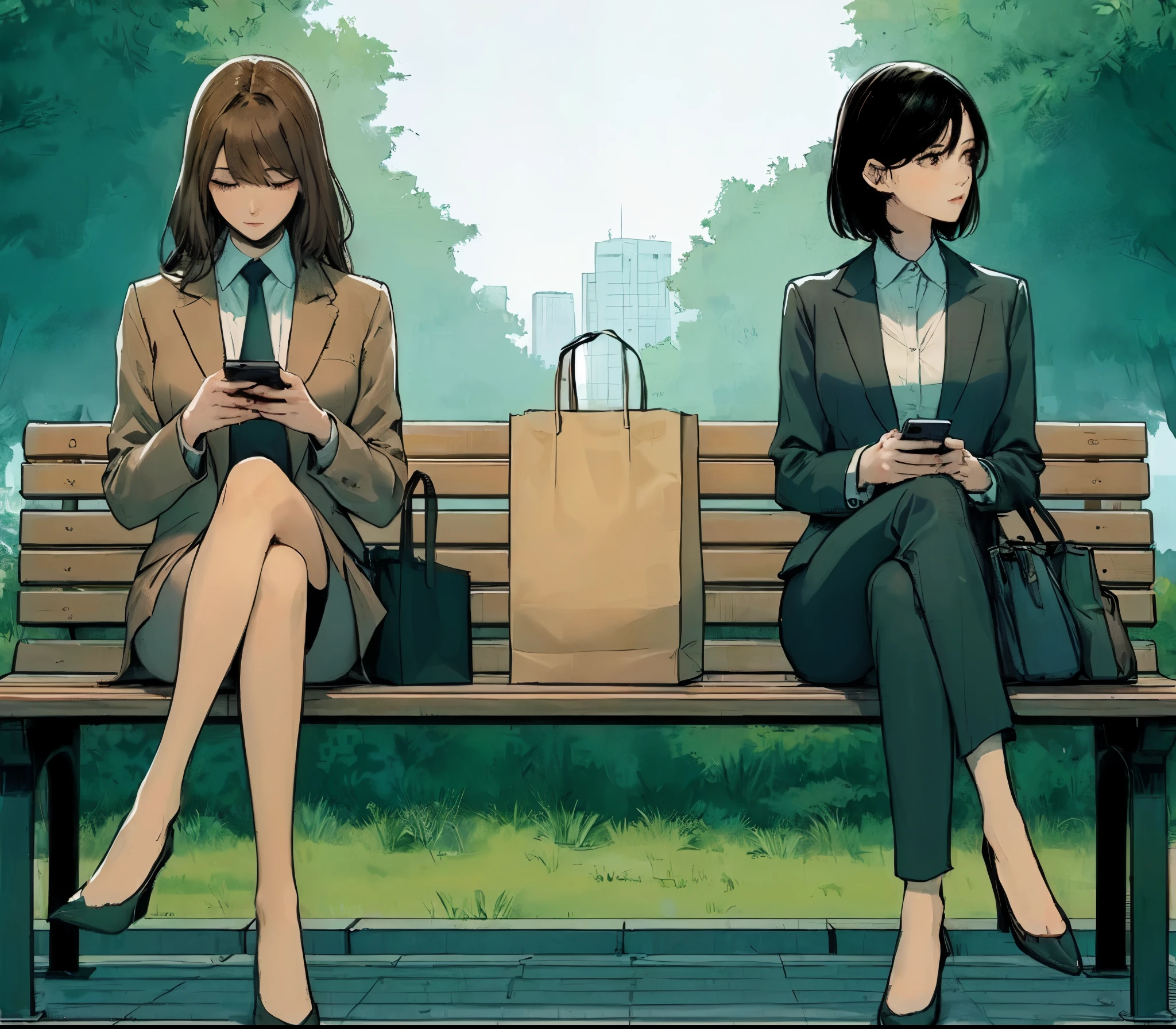 2ladies, sitting on (end of bench), (office worker outfit) stylish, mature female, /(brown hair/) bangs, (looking at cellphone), (masterpiece best quality:1.2) delicate illustration ultra-detailed, large  BREAK /(black hair/) bangs, (gazing into distance) BREAK ((simple paper bag:1.2) sitting in middle of bench) BREAK (ordinary urban park) outdoors, (green landscape), noon, detailed background