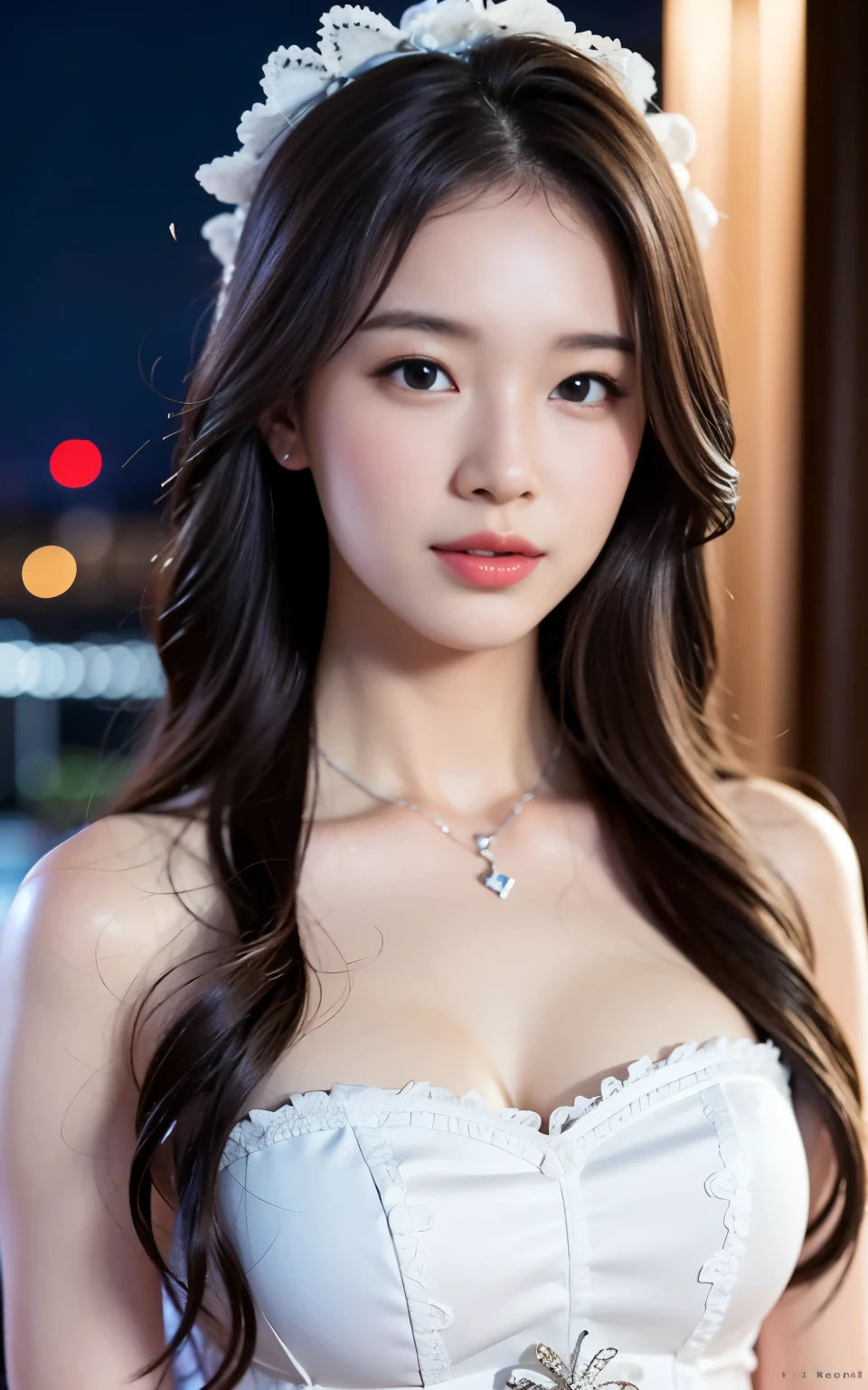 Highly detailed CG unity 8k wallpaper.., Highest quality, มีvery detailed, Masterpiece, realistic, photorealistic, very detailed, cute young woman, (25 years old), Blush, weather, half body shot, white wedding dress, Standing and watching the night view