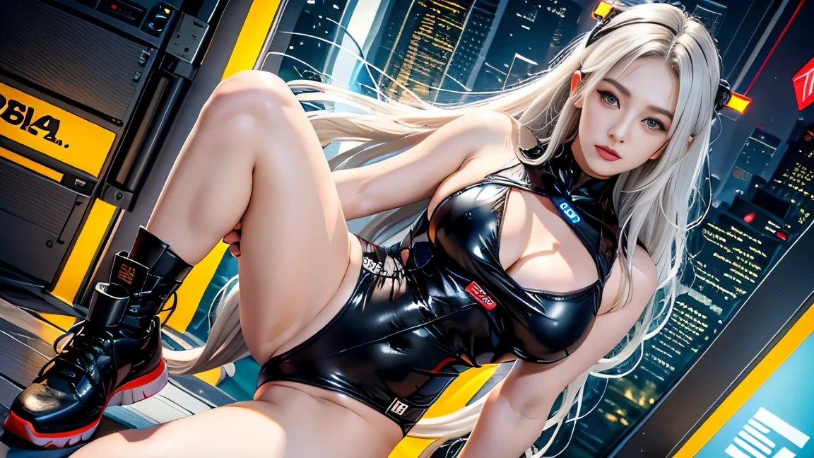 4K, realistic, high resolution, 1 Cyberpunk Girl, mature woman, alone, big bust, Lift your butt high, spread your legs, look at the viewer, (detailed face), wavy hair, long hair, , Translucent bikini, Orange, White, harmony of red,