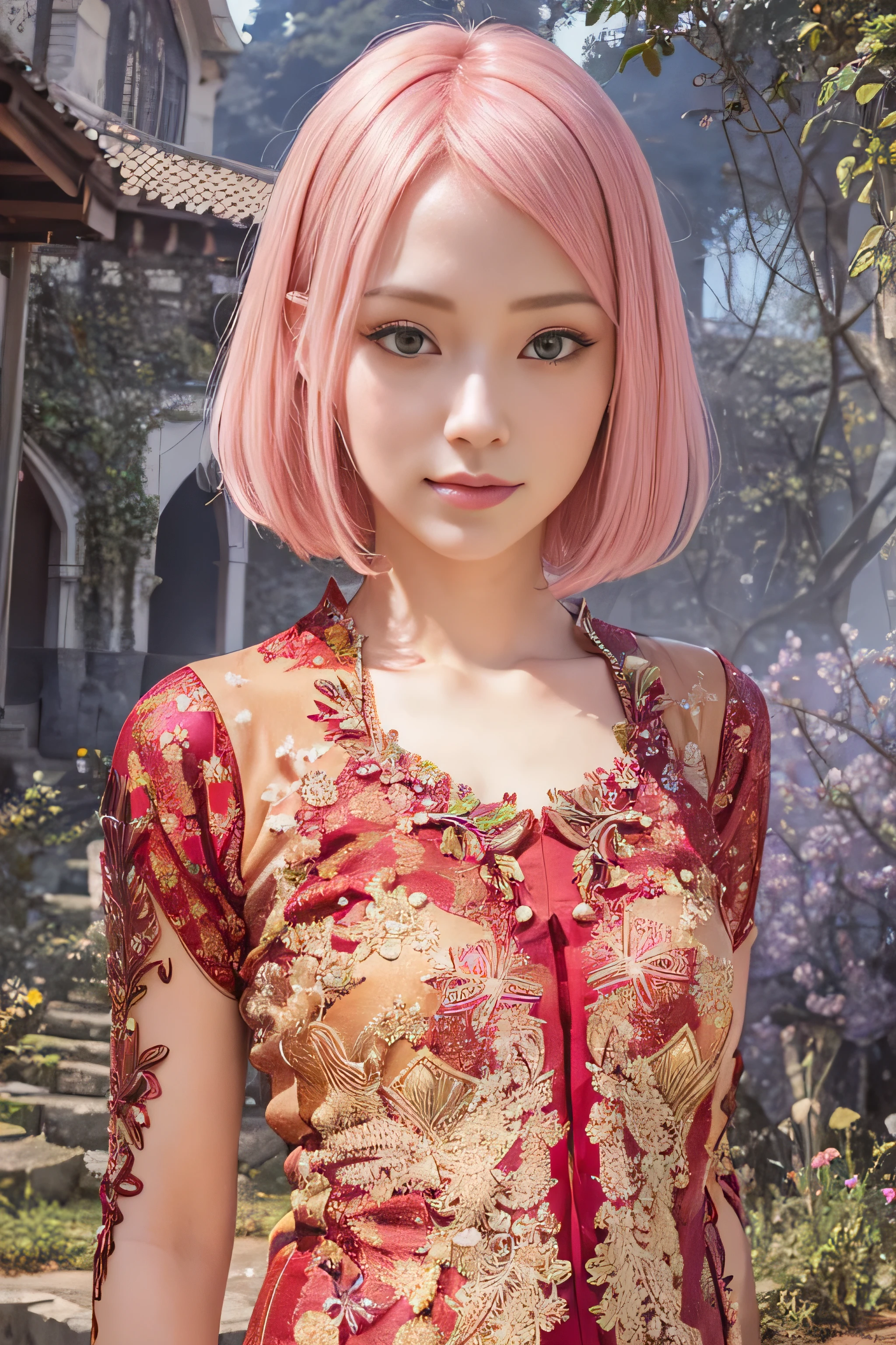 Realistic,masterpiece, best quality, (realistic,photo-realistic:1.4), (RAW photo:1.2),extremely detailed CG unity 8k wallpaper, delicate and beautiful, amazing,finely detail, official art, absurdres, incredibly absurdres, huge filesize, ultra-detailed,extremely detailed eyes and face, light on face,little smile,haruno sakura,(pink hair:1.3),short hair,(wearing kebaya:1.4),castle background,green eyes