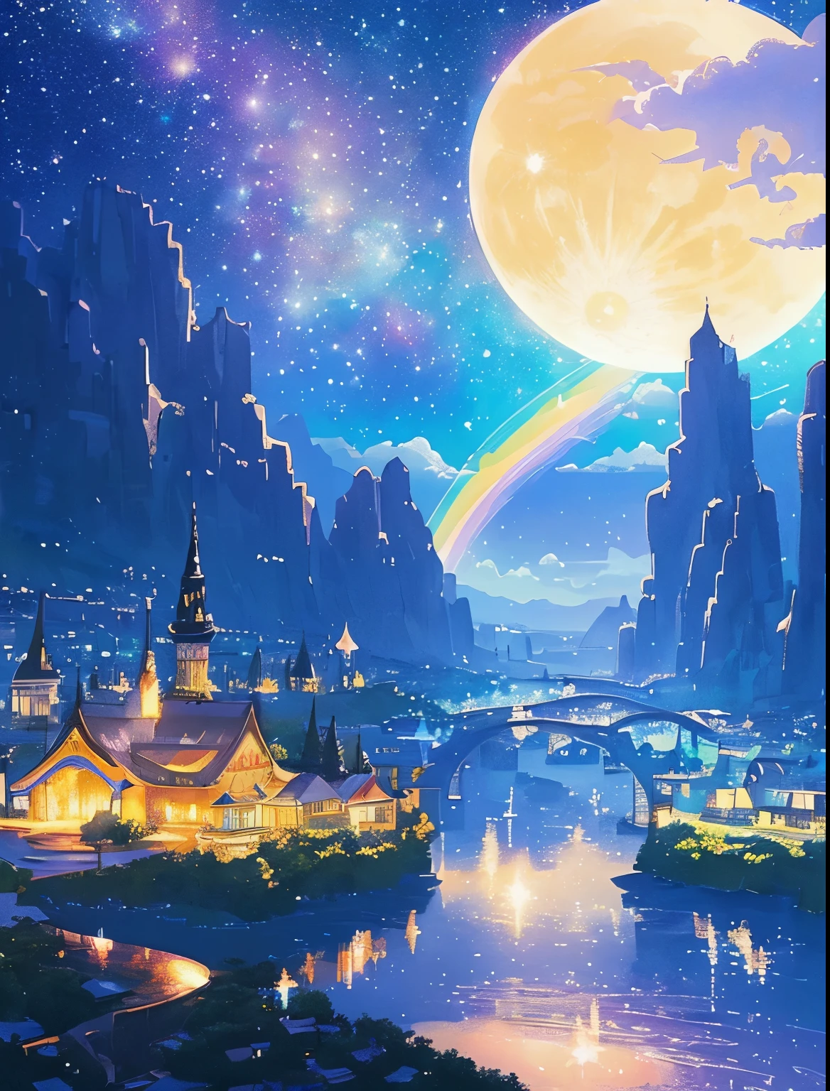 ((huge pale yellow moon))((A girl who looks up at her profile and is subjectively depicted))、((crying girl))、Profile girls、On a multicolored background、Painting of a river with stars and moon in a rainbow sky、Shining skyscrapers、shine all over、Concept art inspired by Mitsuoki Tosa、pixiv contest winner、highest quality、fantasy art、beautiful anime scene、bright moon、moonlit star environment、dream picture、anime backgroundアート、fantasy landscape art、fantasy knight、anime background、background artwork、great art、Atmospheric anime、starry sky、Detail has been enhanced。