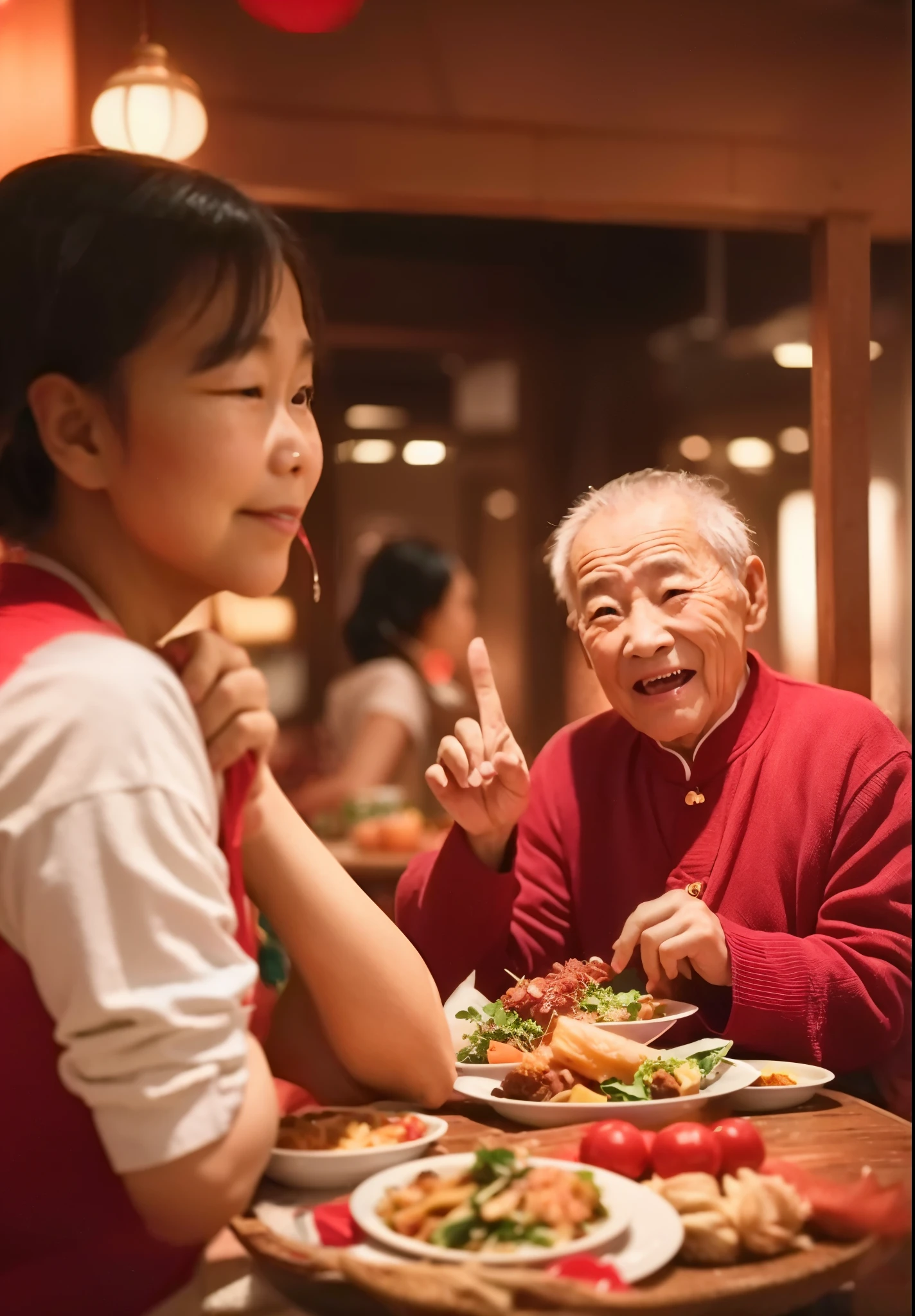 Six or seven elderly people happily ate in the community canteen, panoramic，Chinese old man, Chinese style red festive environment，Warm and joyful atmosphere, A happy stills Chinese style
