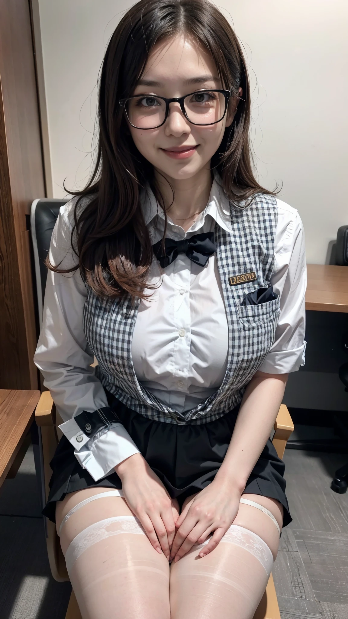 ulzzang-6500-v1.1, (RAW photo:1.2), (Photoreal), (genuine:1.4), (muste piece), A plain and quiet woman wearing glasses and a plaid vest., wear a skirt, with glasses, Slightly chubby body type、(super realistic pantyhose:1.2), thick glasses, Yoshitomo Nara, tits, japanese goddess, with glasses on, sexy girl, Otaku-like appearance, big glasses, wore black glasses, Otaku-like, sexy gaze, (very affectionate smile:1.2)、 ((full body shot:1.16))、sitting on a chair and working、Super realistic skin texture、shiny skin、exposed thighs!!!