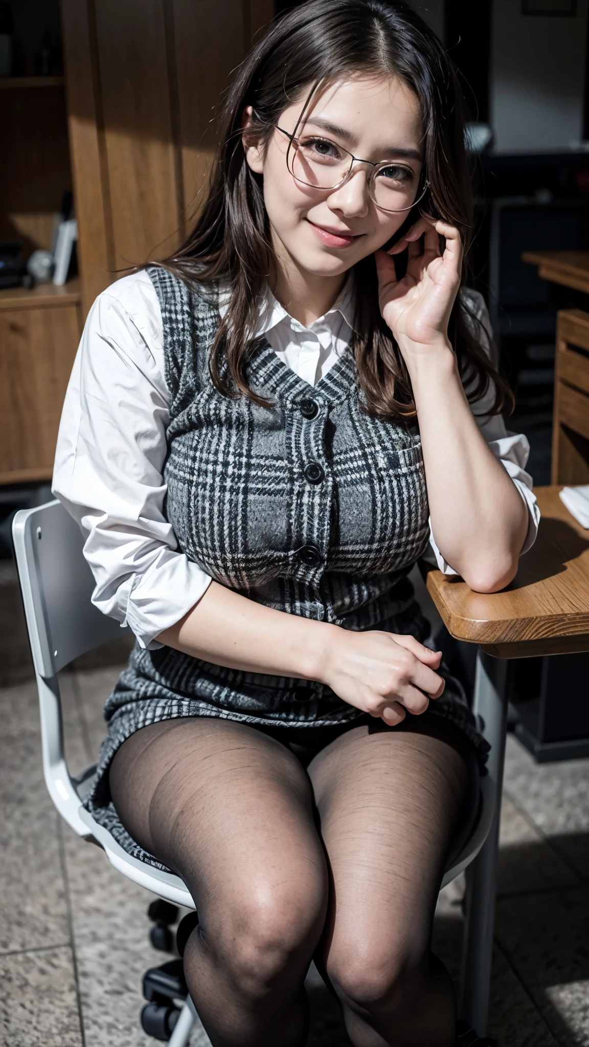 ulzzang-6500-v1.1, (RAW photo:1.2), (Photoreal), (genuine:1.4), (muste piece), A plain and quiet woman wearing glasses and a plaid vest., wear a skirt, with glasses, Slightly chubby body type、(super realistic pantyhose:1.2), thick glasses, Yoshitomo Nara, tits, japanese goddess, with glasses on, sexy girl, Otaku-like appearance, big glasses, wore black glasses, Otaku-like, sexy gaze, (very affectionate smile:1.2)、 ((full body shot:1.16))、sitting on a chair and working、Super realistic skin texture、shiny skin、exposed thighs!!!
