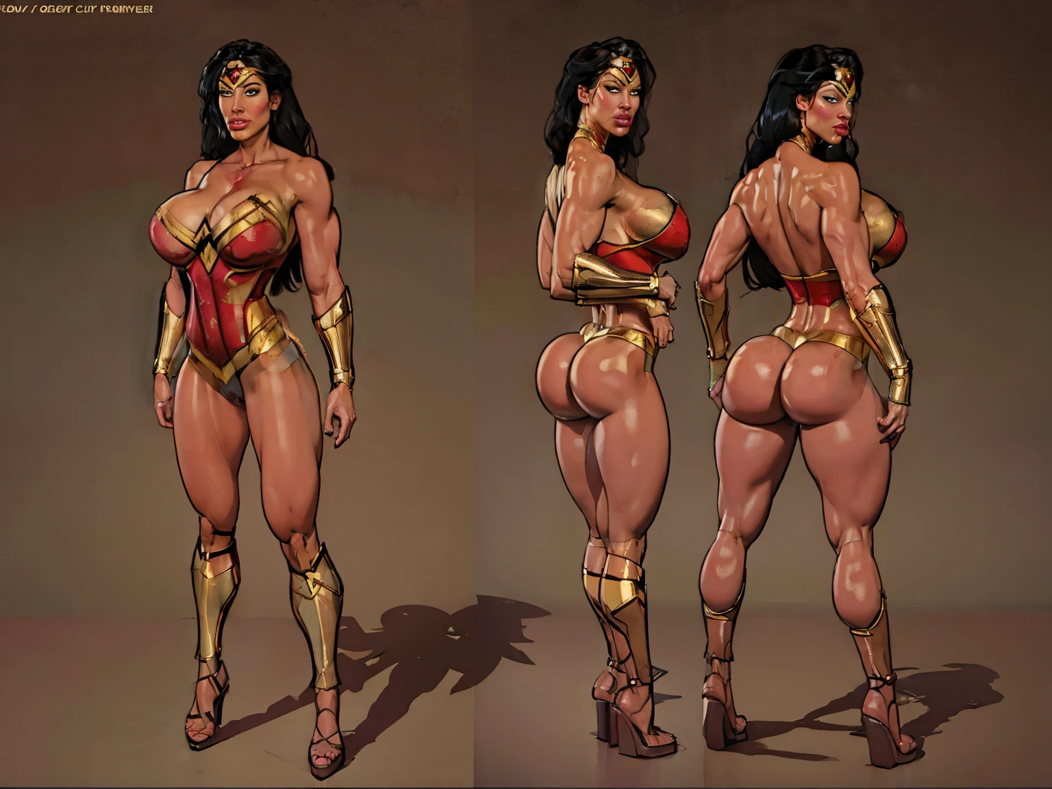 ((masterpiece)),(((best quality))),(((character design sheet))), ((Wonder Woman)) face, illustration,1woman, environment Scene change, (long hair:1.4),((full body view,   wonder woman in Superwoman outfit:1.5)), athletic figure, black legs, thick legs, scribbles and marks,  ((detailed face:1.1)), (large  breasts:1.4, round breasts, round ass, fat ass, gigantic ass:1.6), rough sketches, (puffy lips:1.5), pose too, posing like a model, 8k,16k, (oil painting, simple background, light background: 1.3), 