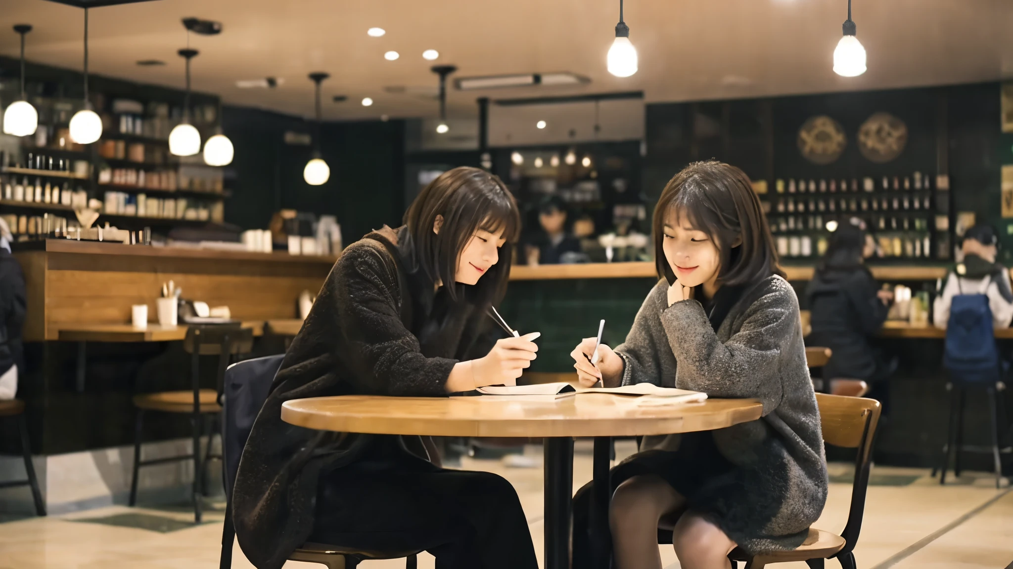 ((highest quality)), ((masterpiece)), (be familiar with), perfect face,Inside a cafe in New York、Please describe a Japanese female college student with medium short brown hair studying seriously.。She has textbooks and notebooks spread out on the table。The cafe is crowded with other customers.、In the background there is a scene with multiple staff working at the counter。This scene is、Bringing to life a moment of devotion inside a city cafe、Aim for a photo-realistic look。