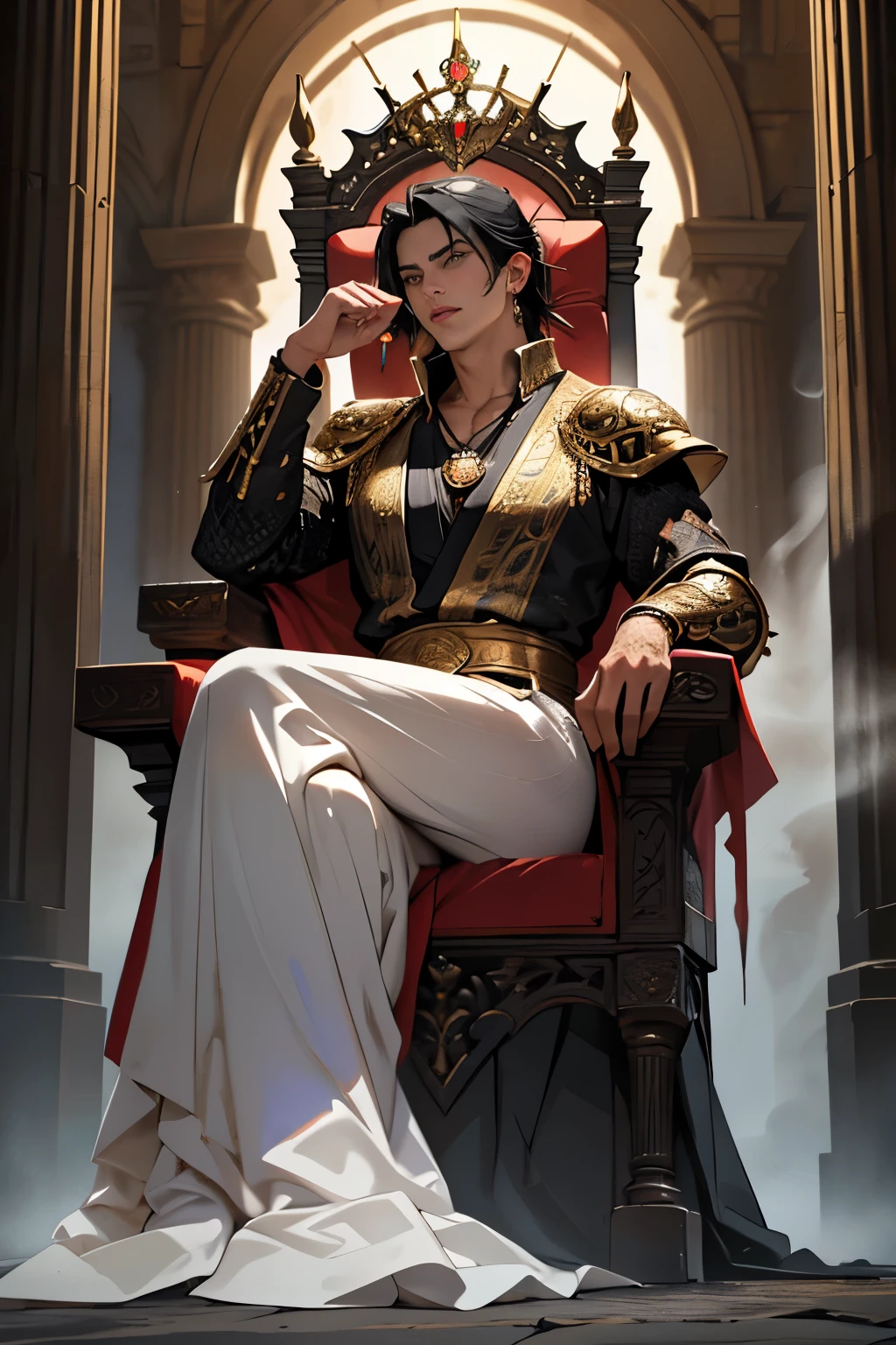 (best quality,4k,8k,highres,masterpiece:1.2),ultra-detailed,(realistic,photorealistic,photo-realistic:1.37),young man with black hair,(shaved temples:1.1),(golden eyes:1.1),sits on a detailed throne, fantasy clothing,dark atmosphere,dramatic lighting,dense fog,ornate decorations,ancient symbols,mystical aura,ominous shadows,spiky leather armor,tattoos on arms,crown with intricate carvings,elaborate patterns,sharp edges,tattered banners and flags,stone pillars with engravings,gold accents and jewelry,eyes glowing with magic,smoke rising from beneath the throne,glowing runes,heart-shaped pendant hanging from neck