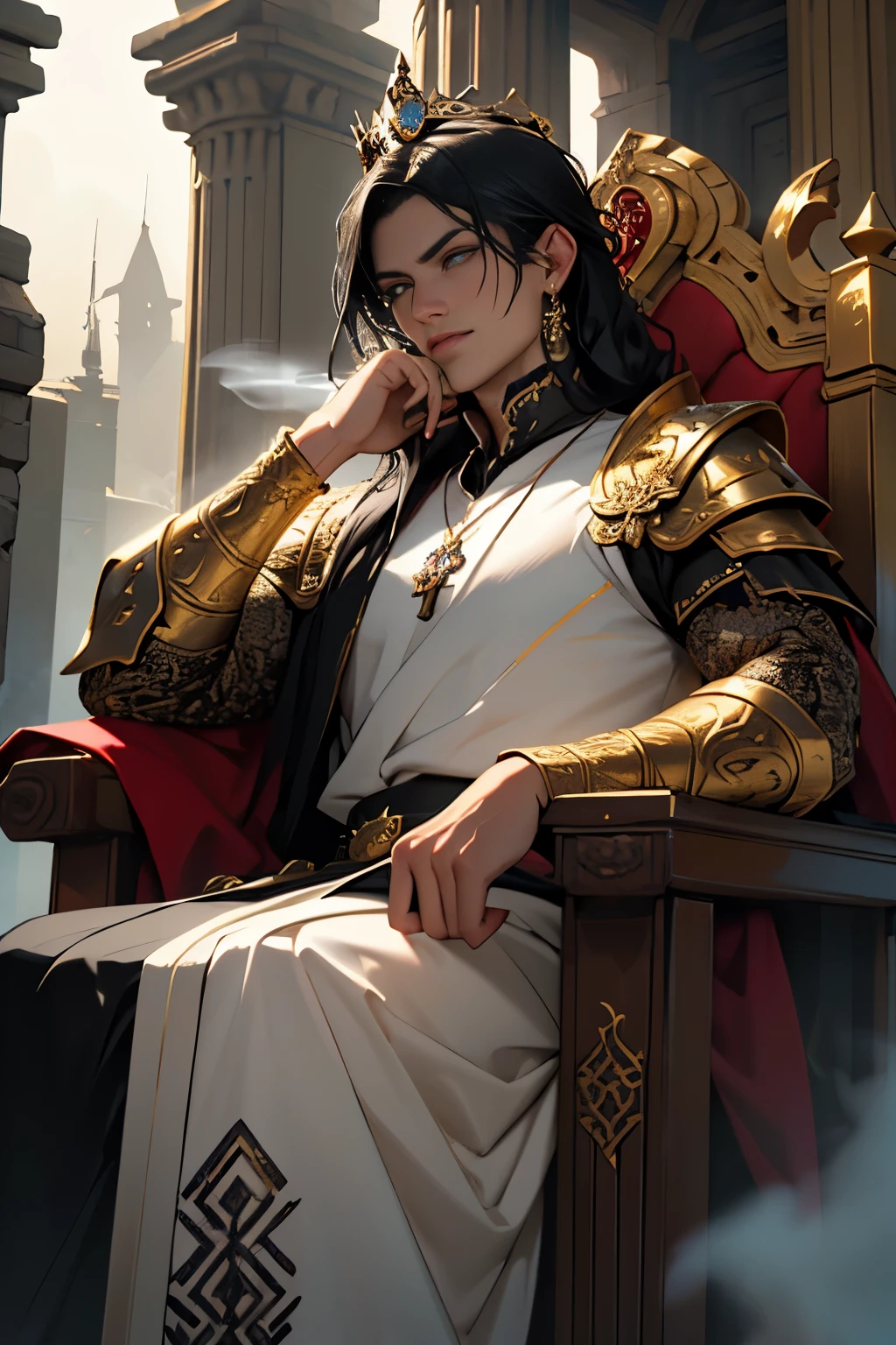 (best quality,4k,8k,highres,masterpiece:1.2),ultra-detailed,(realistic,photorealistic,photo-realistic:1.37),young man with black hair,(shaved temples:1.1),(golden eyes:1.1),sits on a detailed throne, fantasy clothing,dark atmosphere,dramatic lighting,dense fog,ornate decorations,ancient symbols,mystical aura,ominous shadows,spiky leather armor,tattoos on arms,crown with intricate carvings,elaborate patterns,sharp edges,tattered banners and flags,stone pillars with engravings,gold accents and jewelry,eyes glowing with magic,smoke rising from beneath the throne,glowing runes,heart-shaped pendant hanging from neck