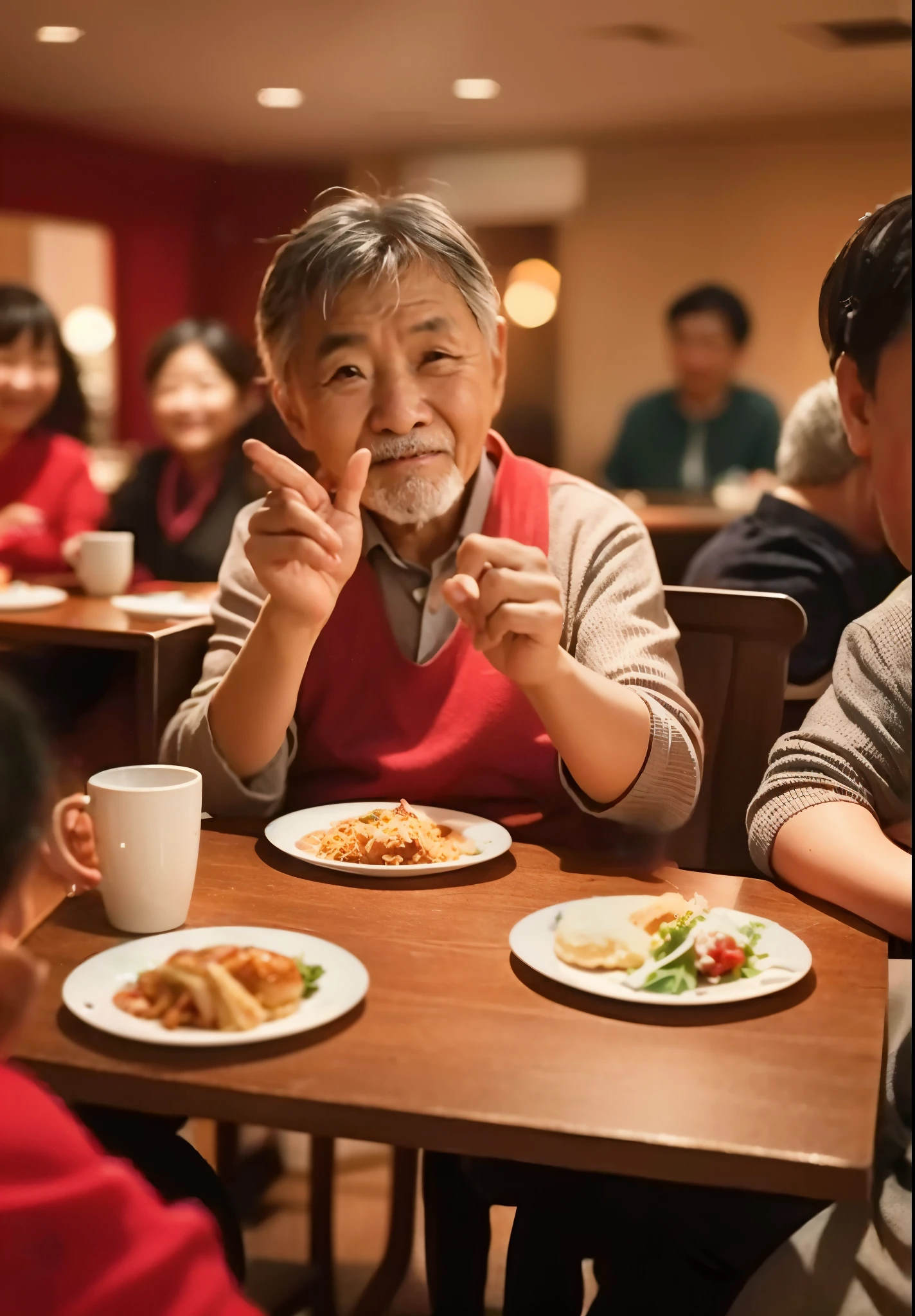 A 60-year-old man ate in the community cafeteria with five friends in a senior citizen community, Chinese old man, Chinese style red festive atmosphere,Warm and joyful atmosphere, A happy stills Chinese style
