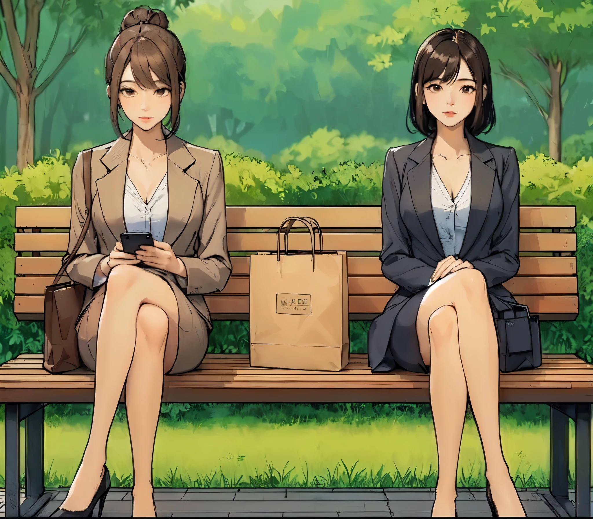 2ladies, sitting on (end of bench), (office worker outfit) stylish, mature female, /(brown hair/) bangs, (looking at cellphone), (masterpiece best quality:1.2) delicate illustration ultra-detailed, large breasts BREAK /(black hair/) bangs, (gazing into distance) BREAK ((simple paper bag:1.2) sitting in middle of bench) BREAK (ordinary urban park) outdoors, (green landscape), noon, detailed background